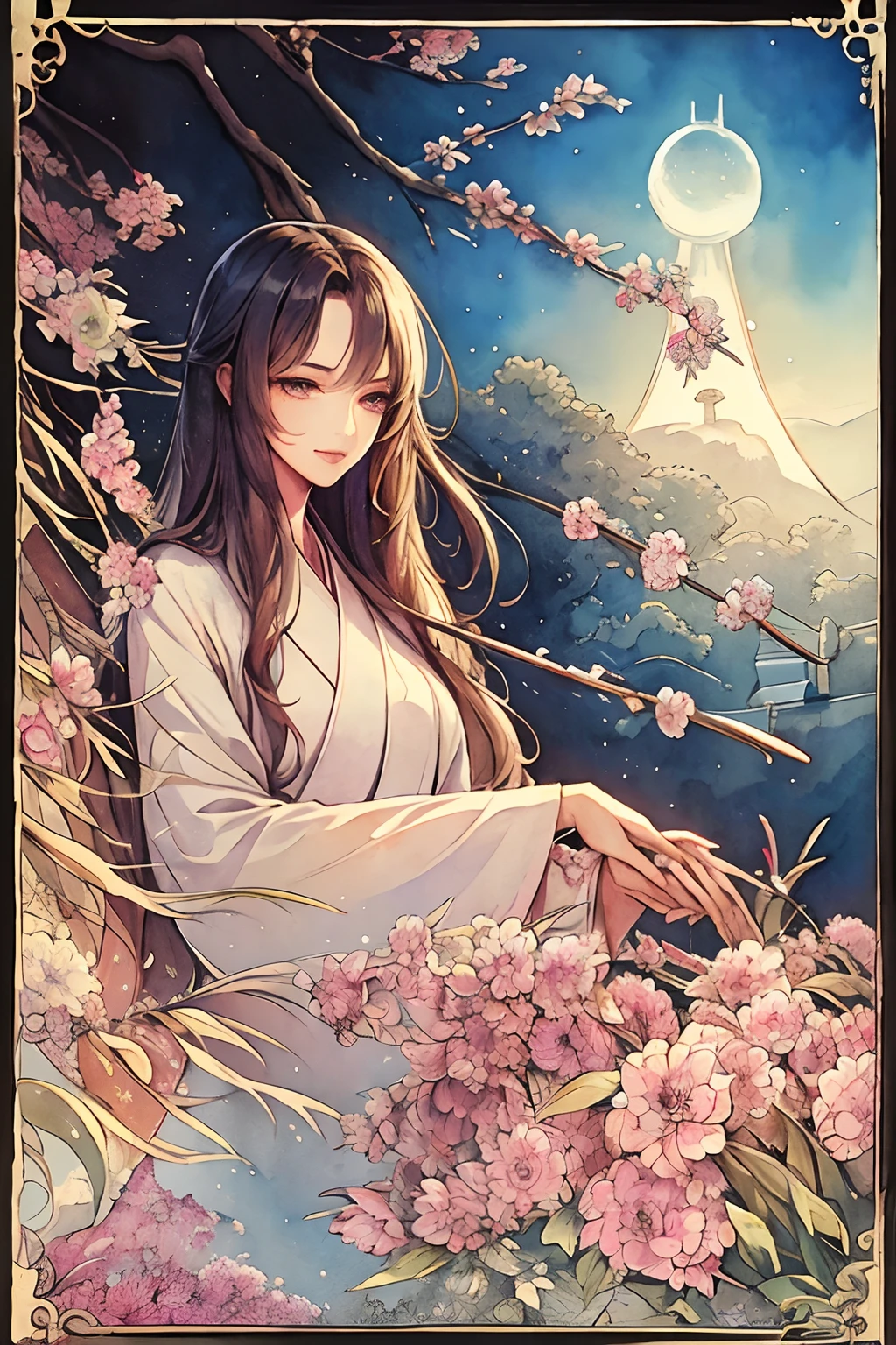 masterpiece: 1.7, top-quality, very extremely beautiful, Delicate use of colors、A detailed face、realistic facial expression、 art by, (watercolor paiting(Curly)、Official art、realisitic、Beautifully Aesthetic:1.3)、(1girl in:1.3)、(Fractal Art:1.3)、(Kimono)、The upper part of the body、From Side、looking at the viewers、patterns、Flowers and Birds Fugetsu、Yuki、Thousand Cranes、clouds、lantern、starrysky、stele、(masutepiece, Best Quality), Highly detailed, Sexy Female Ronin, Samurai, Cherry border, Japan tattoos, katanas, Japan, Night, Moonlight, Vector style art, Erotic, Movie Poster Style, lettering.