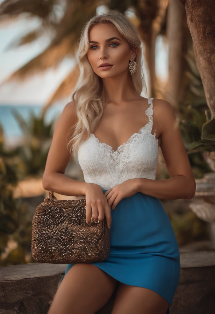 realistic white female instagram influencer, best quality, blonde, 1 girl, blue eyes, in white tight short dress