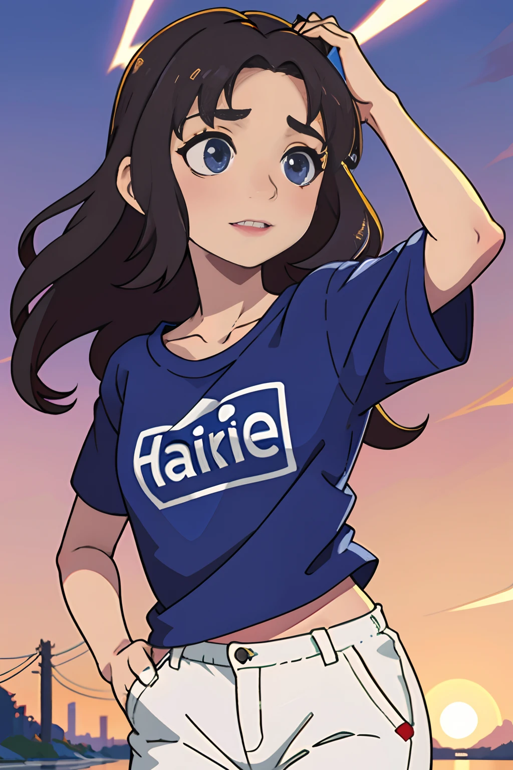 Best quality long hair ,anime , Caucasian Allison Mack , hair curlers, women , dark hair , happy , blurry, soft skin, , expressive eyes , , , at river sunset ,, , t-shirt, jens pants