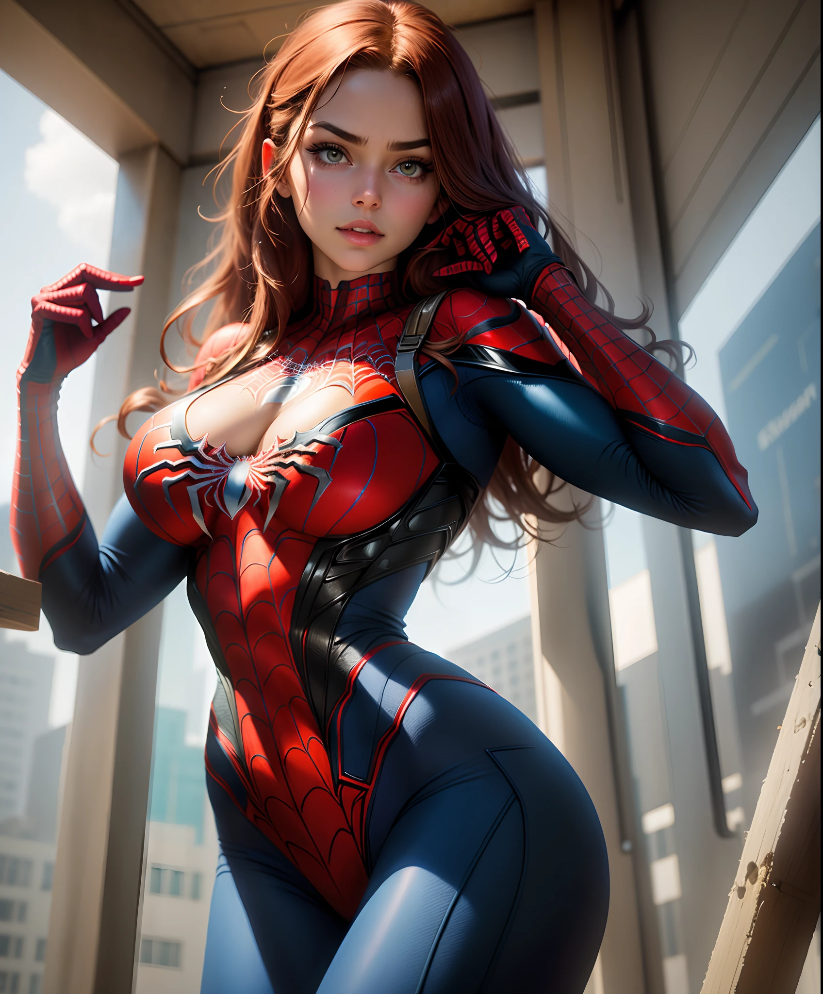 Realistic poster, woman 30 years, beautiful woman, proportional eyes, (realistic: 1.5), photorealistic, hyper realistic, (extremely detailed eyes), hyper detailed, red hair, wavy hair, soft lighting, (detailed background), background with extreme details, background alley of a dead-end street, sharp details, ((full body)), female spider-man, torn swimsuit in front, open costume revealing part of breasts, flushed face,  female cosplay spider man, sexy white costume, medium bust, hard and protruding breasts, open legs --auto --s2