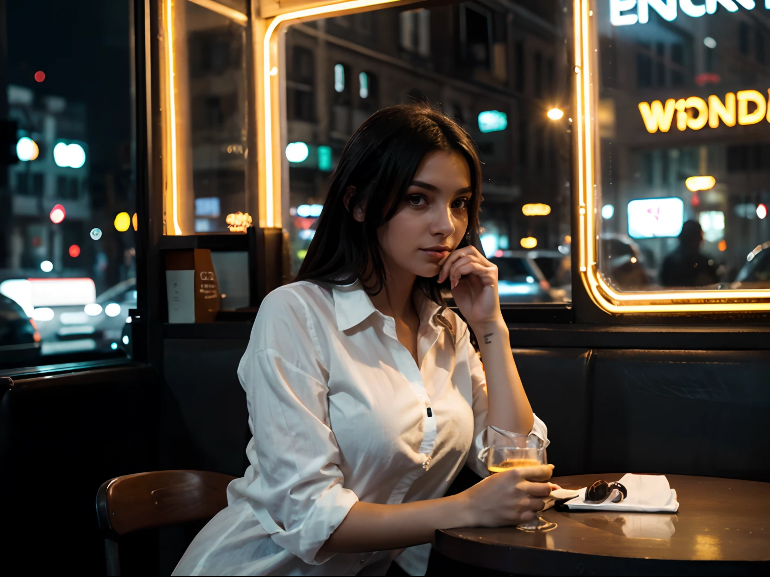 Neon Street, Beautiful signage, the night, Girl in a white shirt at a table in a café,Neon signs outside the window, A glass of wine on the table, During meals, chiaroscuro, lens flare, UHD, The background is blurry