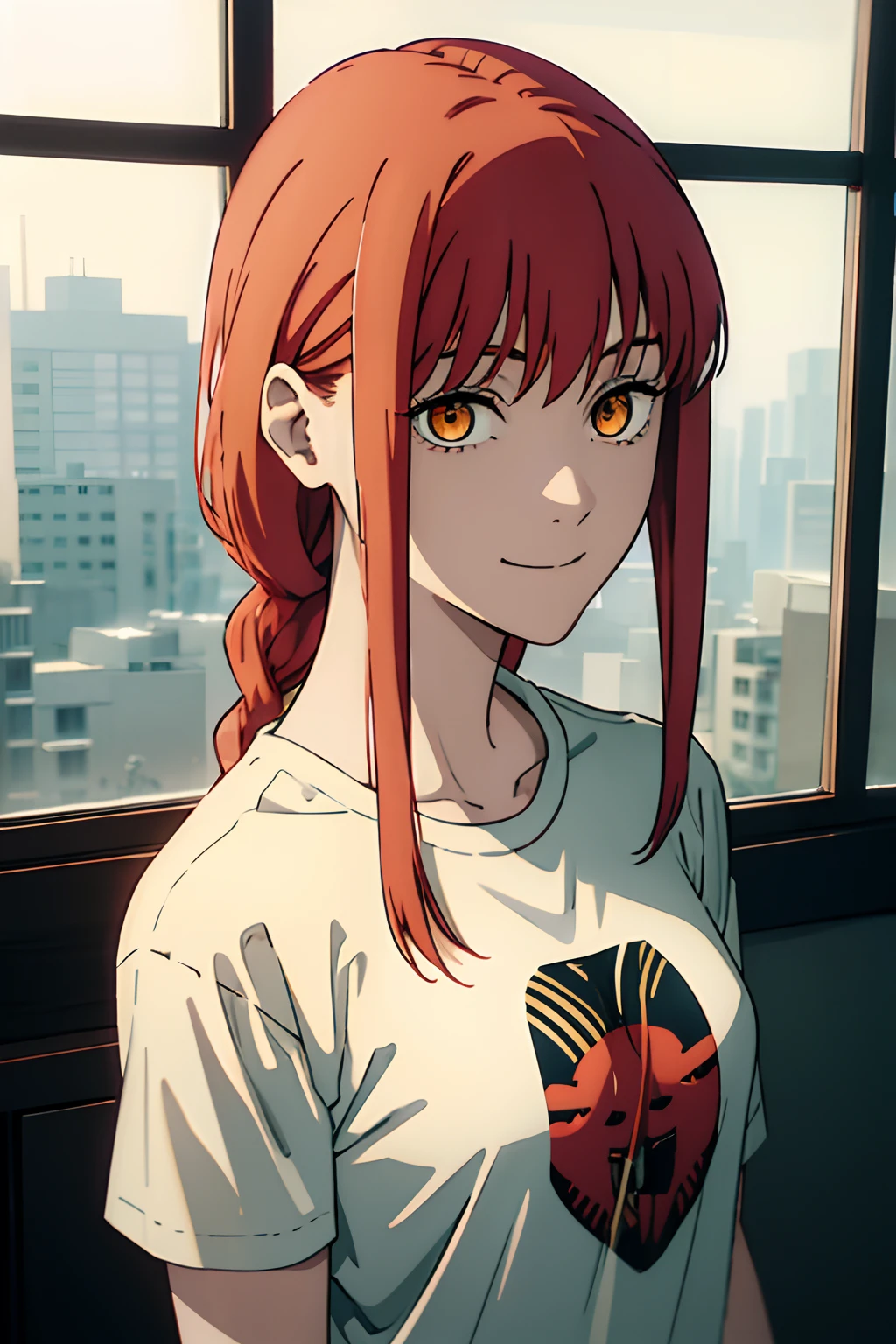 makima \(chainsaw man\), best quality, ultra detailed, 1girl, solo, standing, red hair, long braided hair, golden eyes, bangs, medium breasts, Black T shirt, Tshirt, T-shirt, Black Slacks pants, stare, smile, (evil:1.2), looking at viewer, beautiful, masterpiece, best quality, facing at viewer, upper body, photoshoot, white plain background