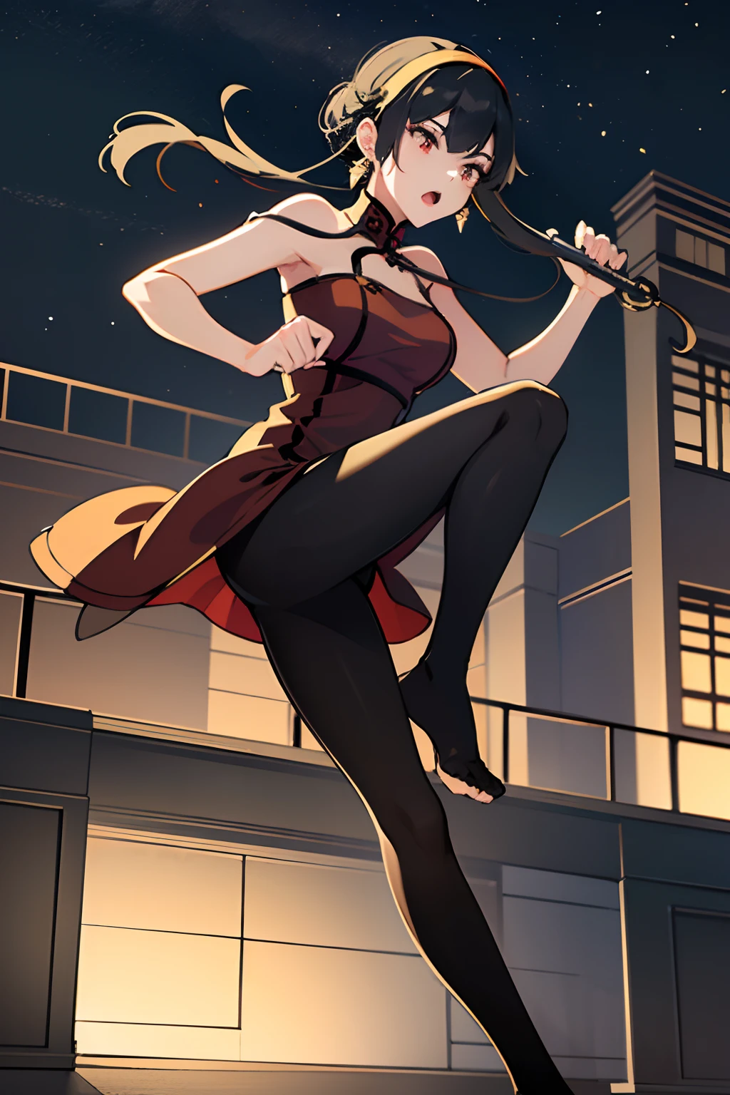 top-quality、masterpiece、hight resolution、1girl in、A slender、skinny thigh、Ayolf、Black hair、short hair with long locks、Gold Hair Band、Red Eyes、Gold Earrings、Jewelry、off shoulders、qipao dress、Black_pantyhose、Attacking with your feet、Fighting、Low posture、Unleash a kick、Outdoors at night