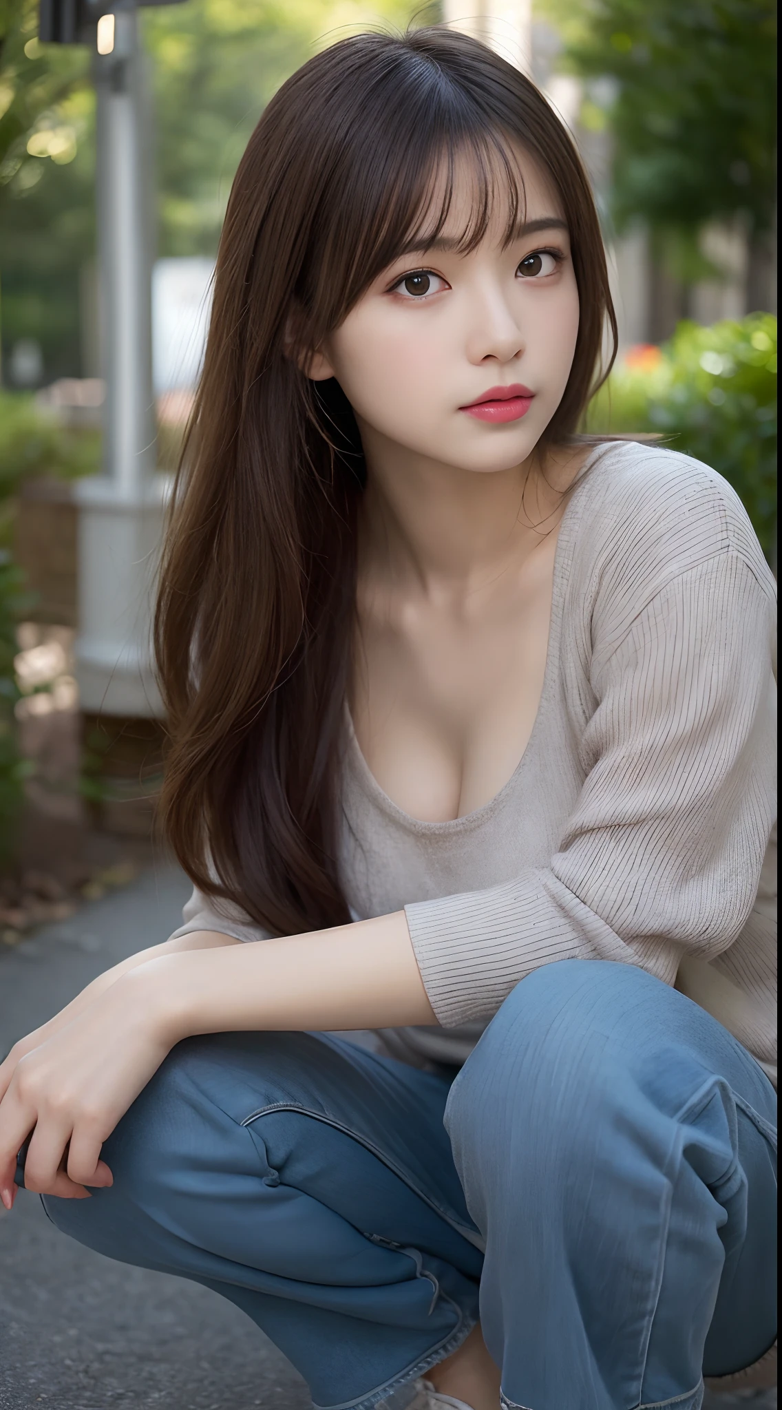 Arafed asian woman sitting on a bench in a park - SeaArt AI