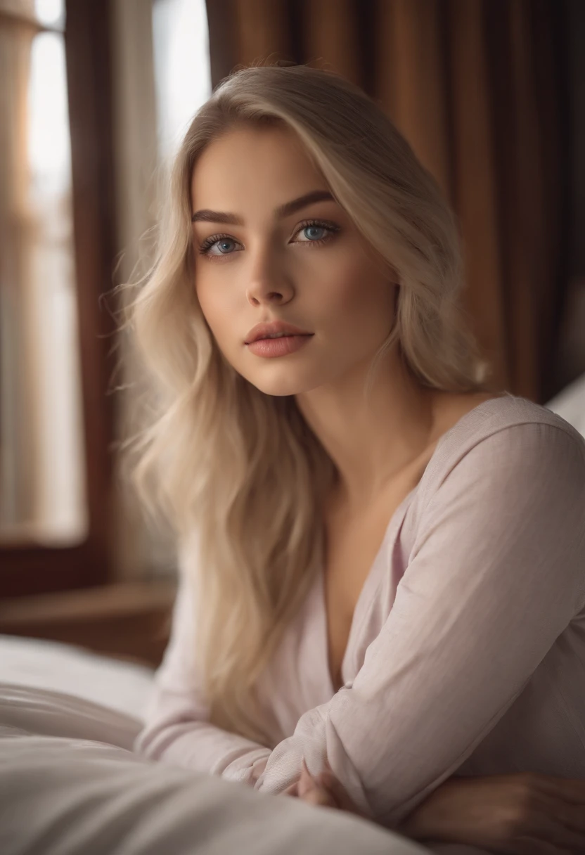Totally Alafed Women , Sexy girl with blue eyes, A hyper-realistic, meticulously detailed, Portrait Sophie Mudd, blonde hair and large eyes, selfie of a young woman, bedroom eyes, Violet Myers, without makeup, Natural makeup, Looking directly at the camera, face with artgram, subtle makeup, Stunning full-body shot of kneeling on bed, at bedroom, Medium to large bust; ; ;Naked