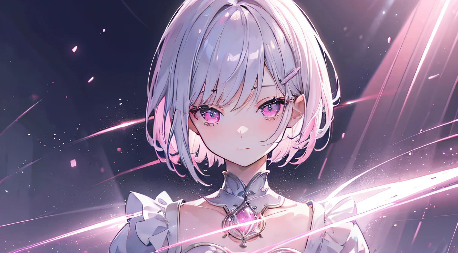 A pink girl with silver hair, pink eyes, a very short haircut, a shy smile, hair clip, long sleeves, small chest, sparkling lights, transparent lights, sunrise, backlighting, (masterpiece). (best quality, 8k, high-res), ultra-detailed, (realistic), vivid colors.