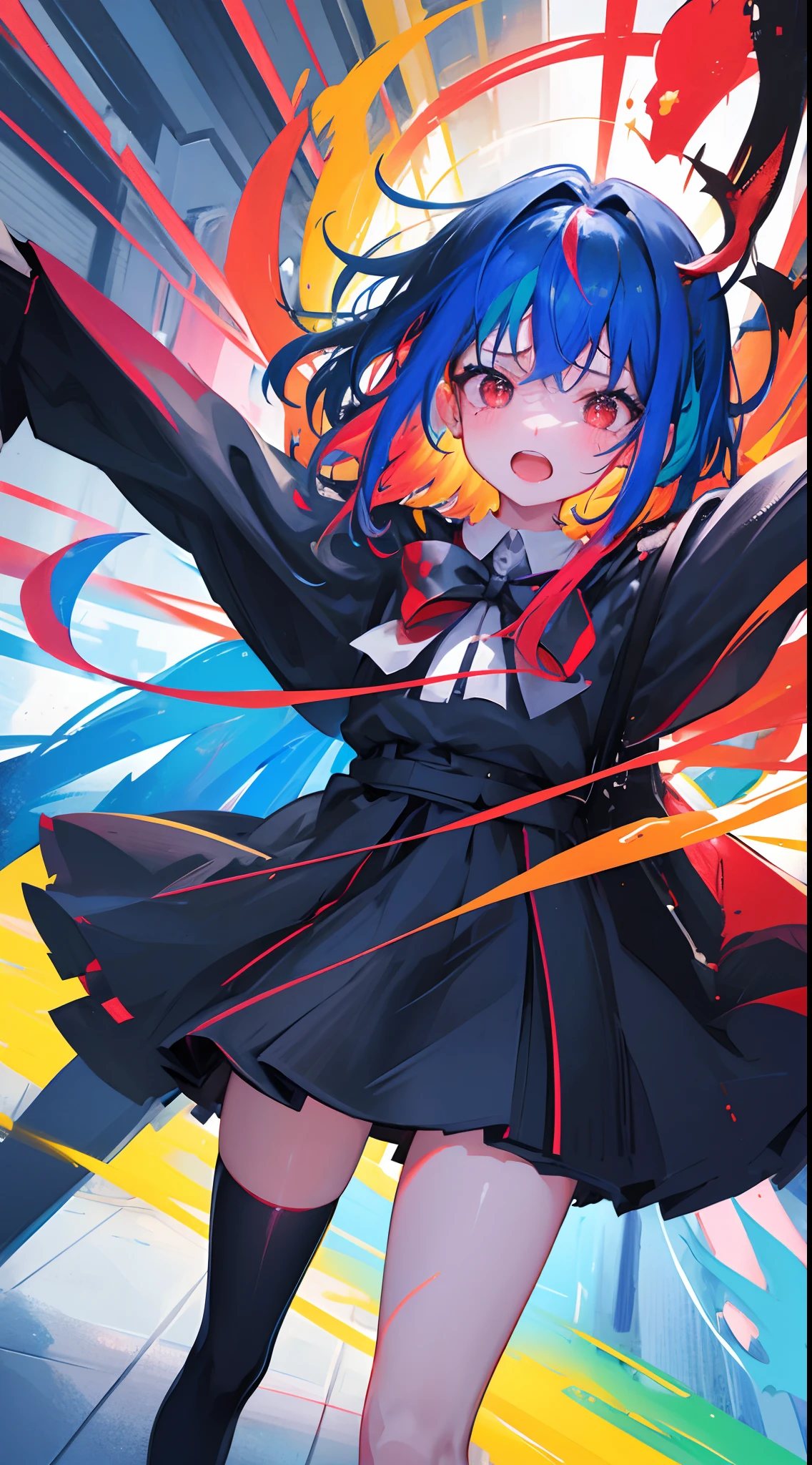 [(colourful backgrund:1.5), 1 girl, mid shot, upper body, crying with open mouth, ask for help, look at viewer, blue hair,black dress,Red bow,Black shoes,bule eyes,long legs,stright legs,black legwear, supermarket