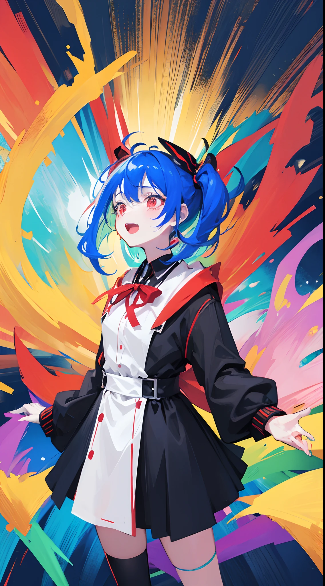 [(colourful backgrund:1.5), 1 girl, mid shot, upper body, crying with open mouth, blue hair,black dress,Red bow,Black shoes,bule eyes,long legs,stright legs,black legwear, supermarket