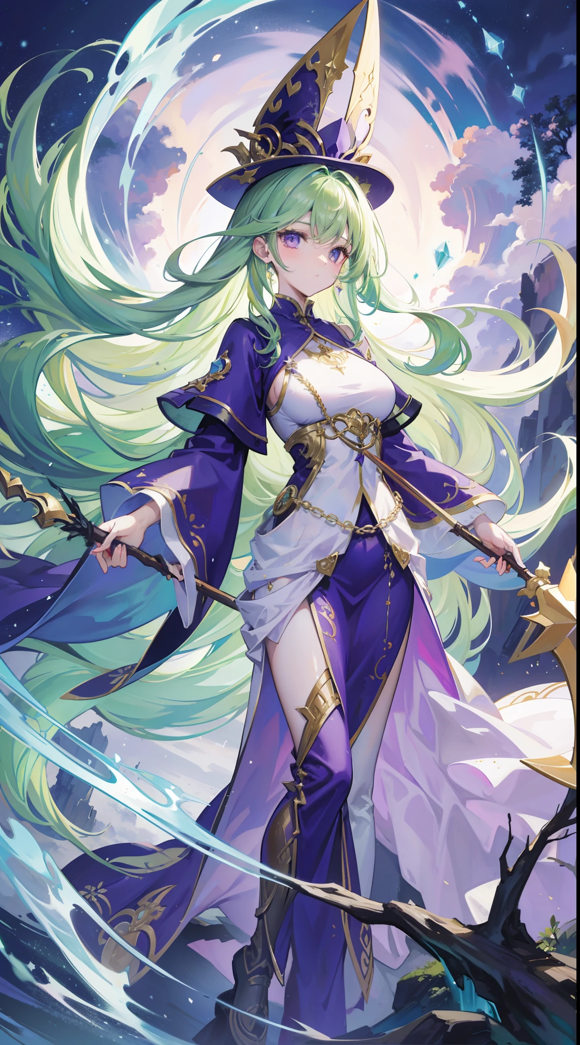 Light green hair，a beauty girl，(magestic)，A huge wooden staff，Pointed hat，Purple robe，(Huge world tree)