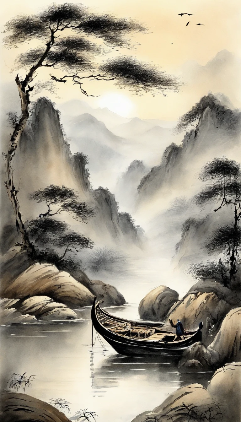 Chinese landscape painting,ink and watercolor painting,water ink,ink,Smudge,Faraway view,Ultra-wide viewing angle,Meticulous,Light boat in the distance,Faraway view,Meticulous,Smudge,low-saturation,Low contrast,The light boat has crossed the Ten Thousand Heavy Mountains,Beautifully depicted,A detailed,acurate,Works of masters,tmasterpiece