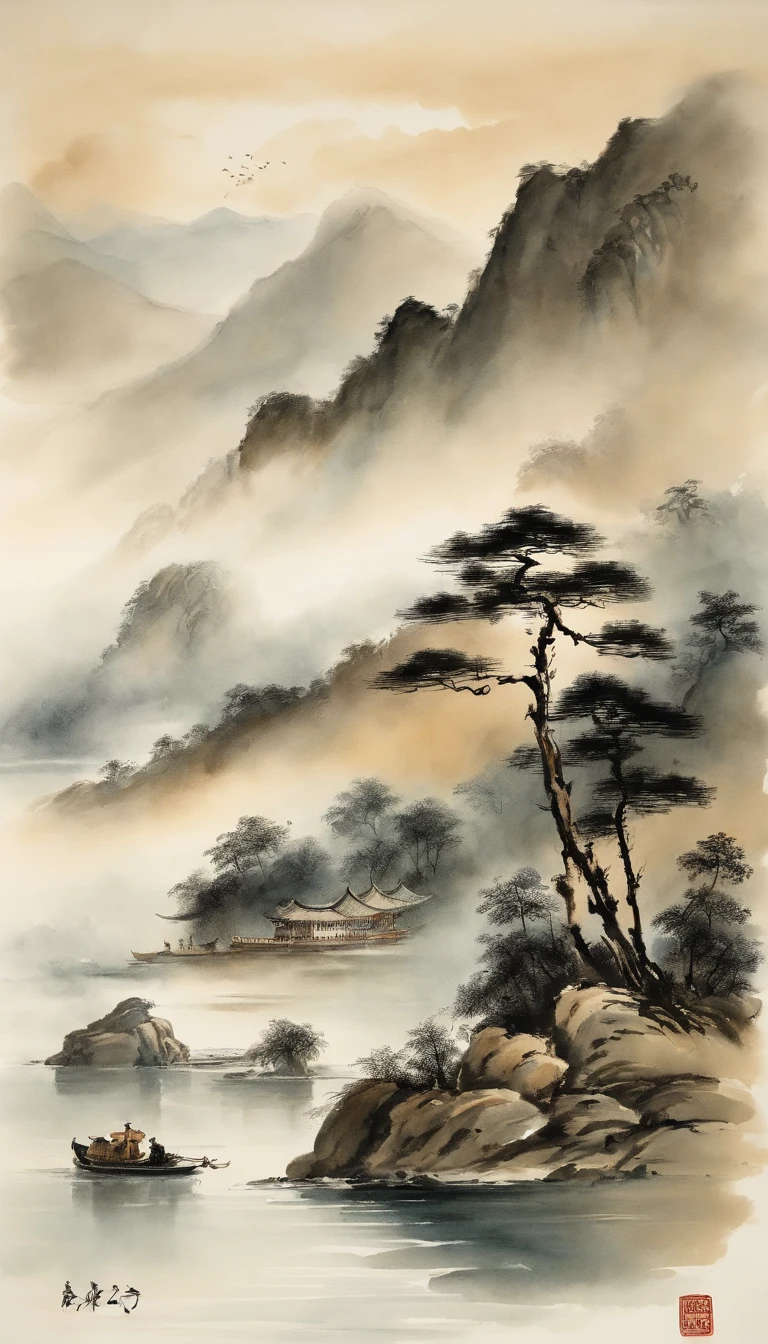 Chinese landscape painting,ink and watercolor painting,water ink,ink,Smudge,Faraway view,Ultra-wide viewing angle,Meticulous,Light boat in the distance,Faraway view,Meticulous,Smudge,low-saturation,Low contrast,The light boat has crossed the Ten Thousand Heavy Mountains,Beautifully depicted,A detailed,acurate,Works of masters,tmasterpiece