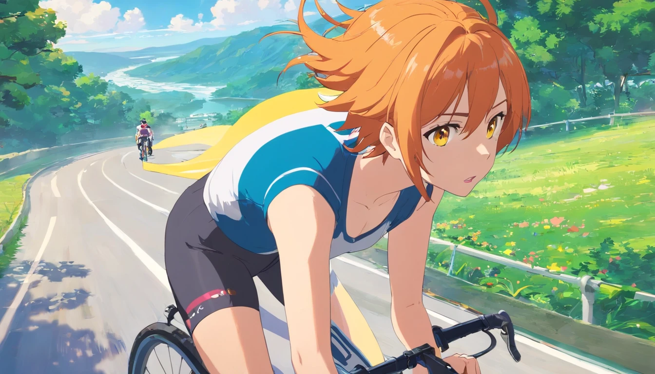 1 female、Orange hair、huge tit、Big ass、Racing Pants、yellow  eyes、Short Bob、Bicycle racing、fart