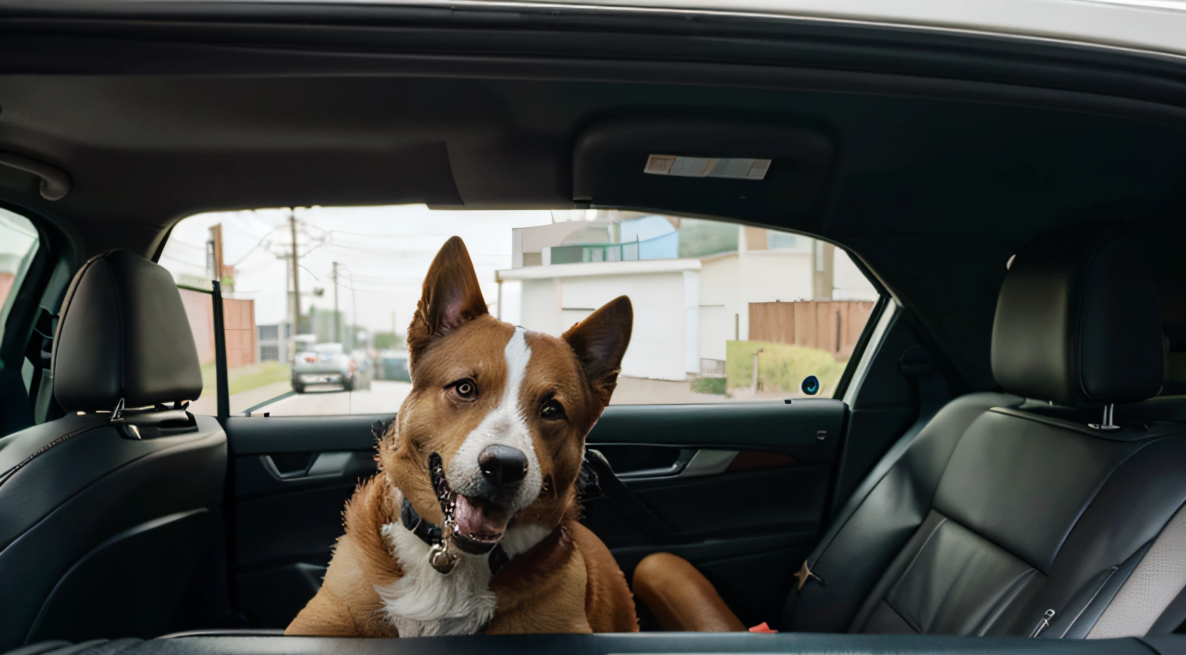 dog with his head out of a car window , head caught fire