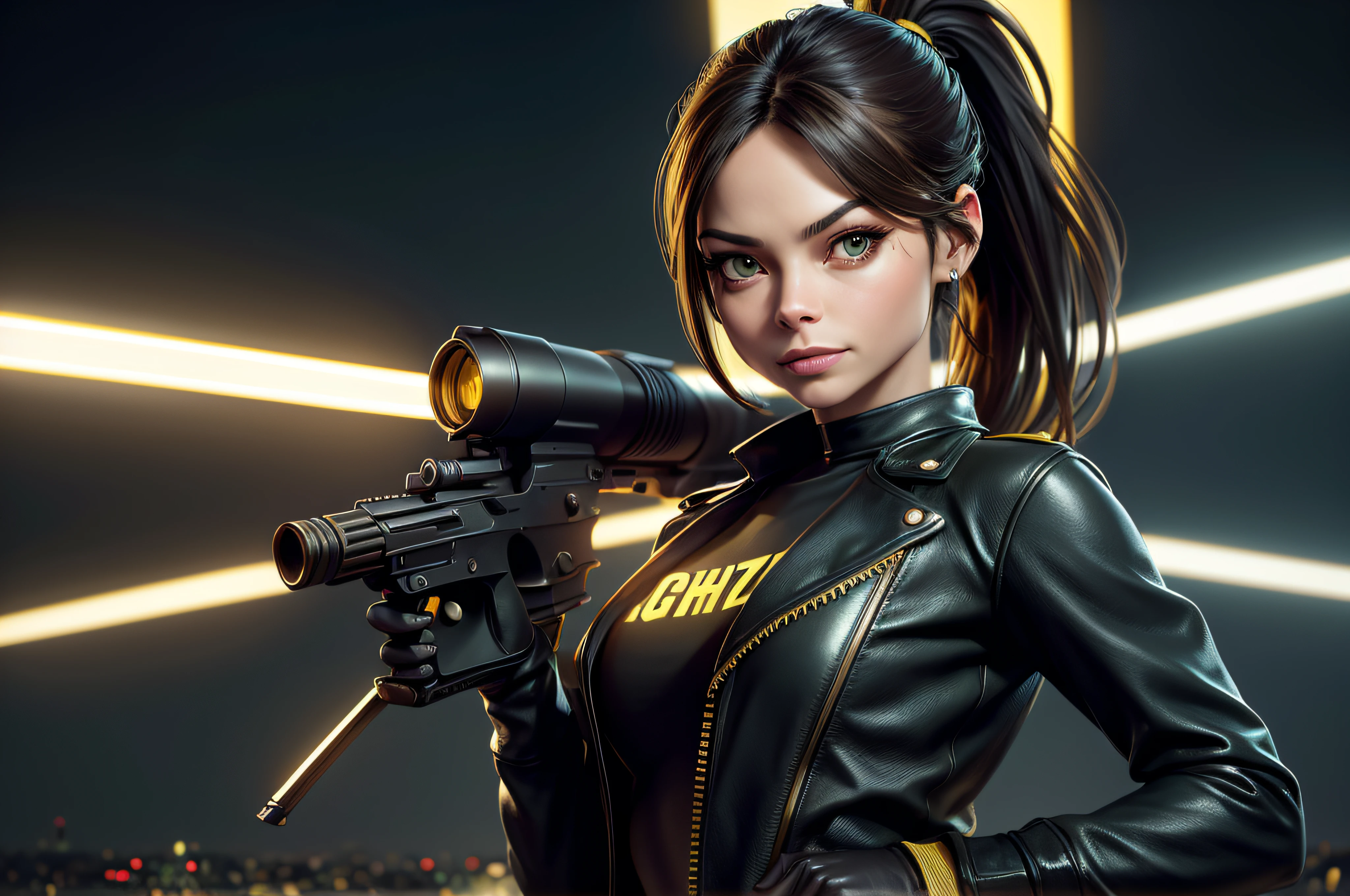 1Kristin Kreuk, brunette with ponytail and green eyes, Dressed in black leather pants and yellow leather jacket, points a gun at the camera as if to ask the viewer to freeze. lighting cinematic. Highly dynamic framing. Golden ratio. The modern city in the background