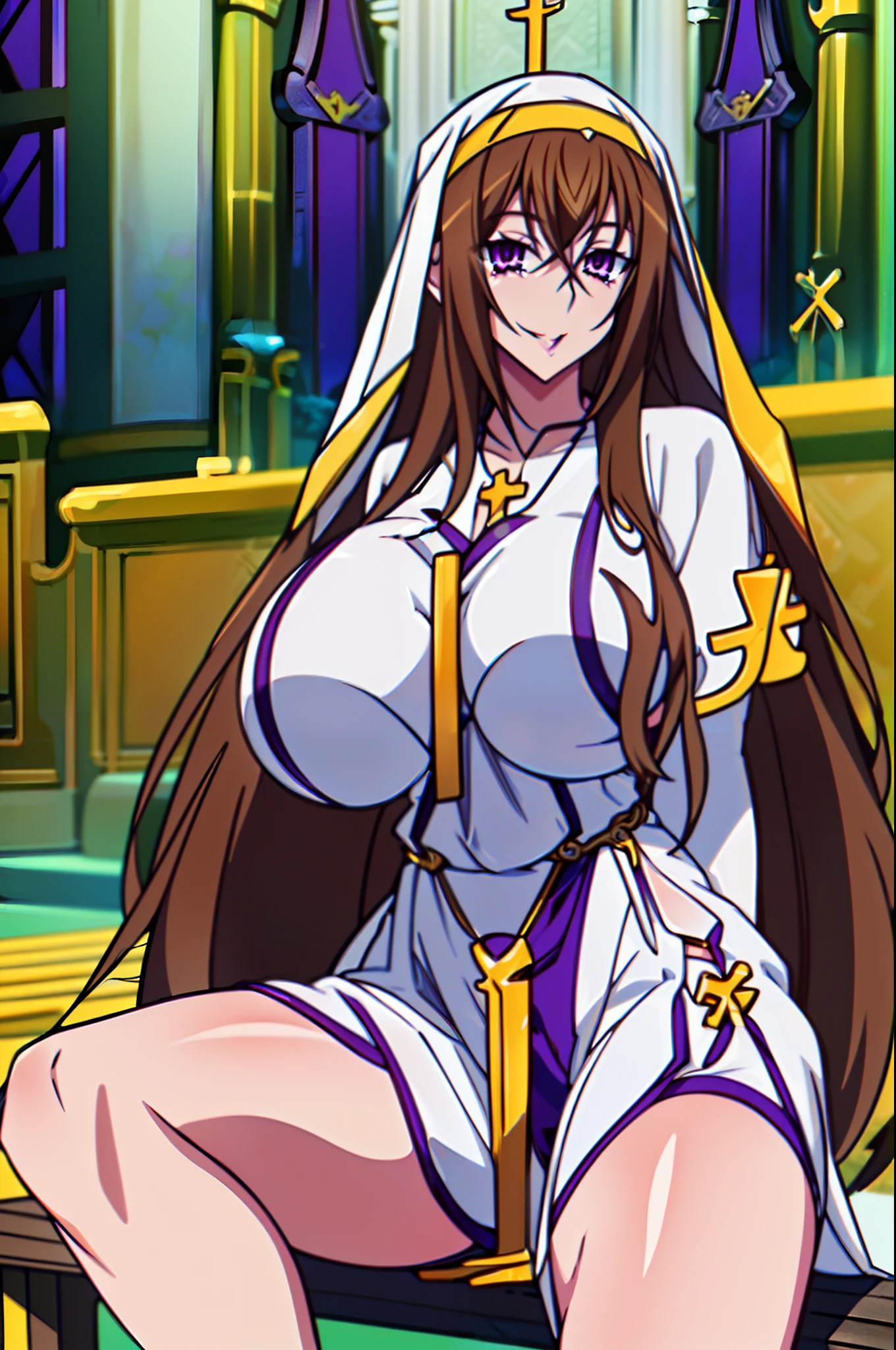masterpiece, best quality, extremely detailed, 1girl, mature female, solo, Venelana Gremory dxd, (huge breasts:1.6), ((brown hair, very long hair, purple eyes)), parted lips, ((outfit-bladenun, habit)), naughty smile, sitting on the bench, ((church))