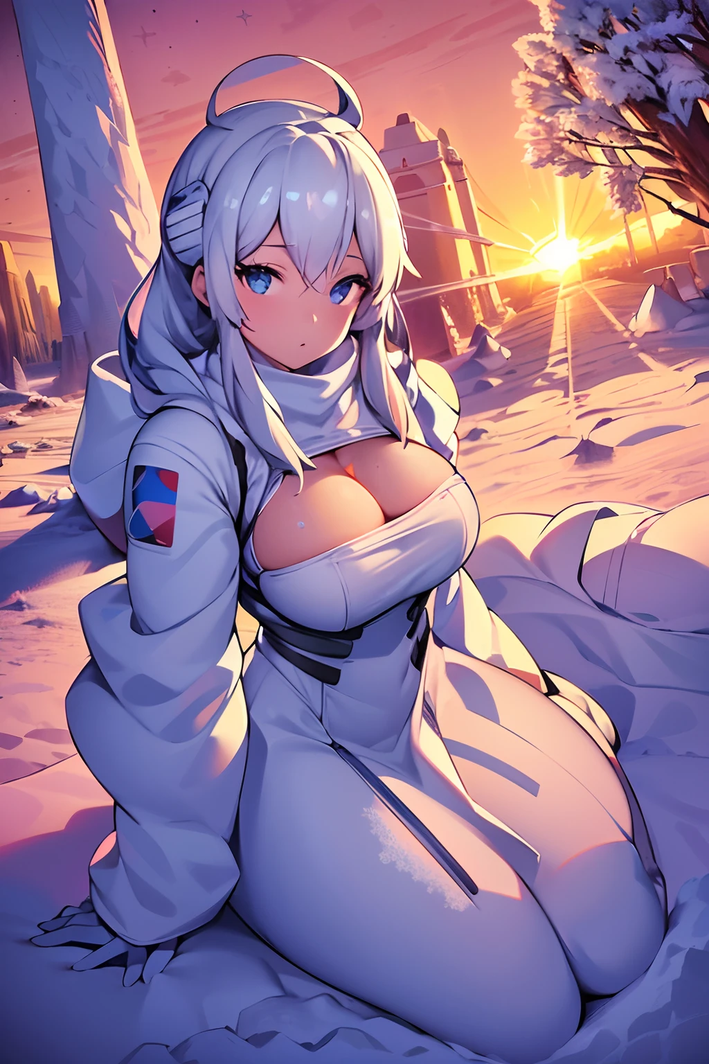 photo, photorealistic, photorealism, full body shot, wide angle, bimbo astronaut wearing spacesuits, fully clothed, cleavage, giga_busty, (rime ice covered trees along skyline:1.3), (rime ice and snow:1.5), (sunrise:1.5)