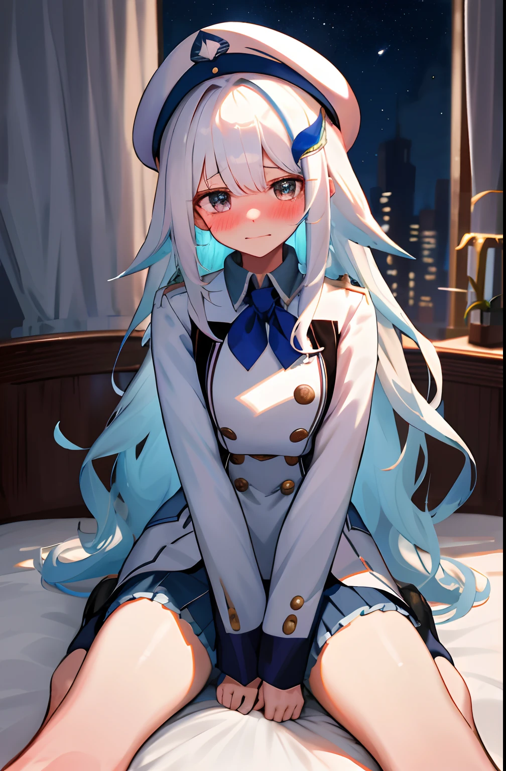 One girl with long wavy hair, white hair, looking at viewer, embarrassed, blushing, tears, indoor , uniform and a hat, peaked hat, captain's uniform, perfect waist, bed, sit on, spread legs, night atmosphere, hair ornament, kneeling pose