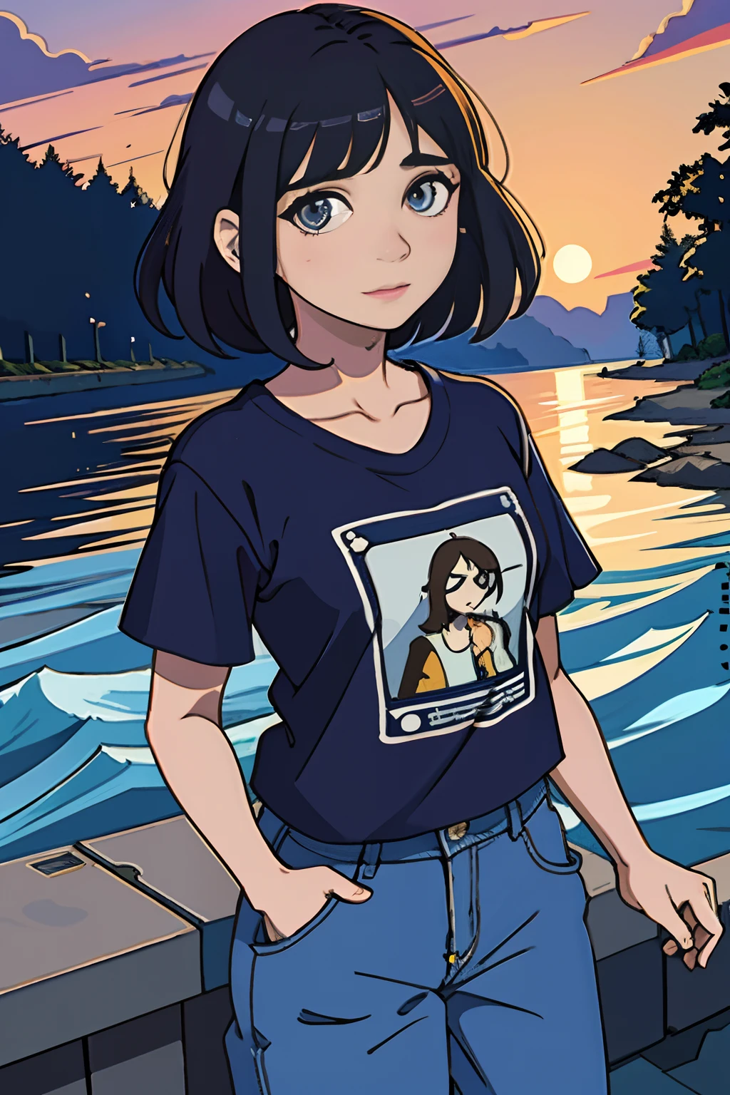 Pelo corto de la mejor calidad ,anime , La caucásica Allison Mack , rizadores de pelo, mujeres , Cabello OSCURO , feliz , Borrosa, piel suave, , ojos expresivos , , , At sunset by the river ,, , camiseta, Pantalones Jens