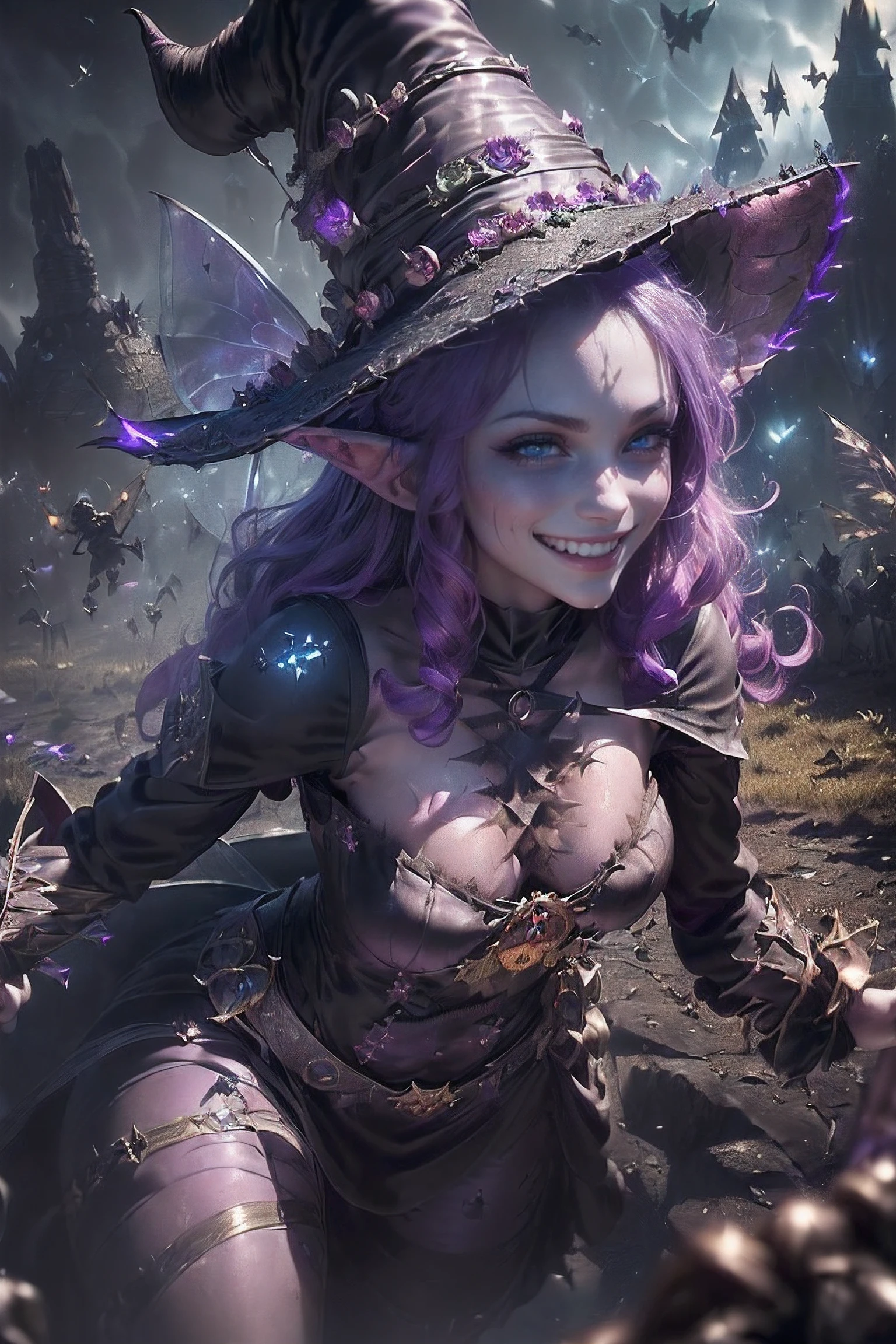 (hyper realistic:1.7), (realistic:1.7), (best quality real texture skin:1.7), (Beautiful Fairy warlock:1.7), (Absurd, High quality, Ultra-detailed, Masterpiece, smooth, high detail photografy, Hyper-realistic photografy ) 1girl (wearing a faery cosplay:1.7), (faery wings:1.8), (large moth wings:2.2, (battlefield full of the dead:1.7), (battlefield in the background:1.7), She wears a purple silk dress with black details. (The atmosphere of the scene is dark:1.7), (little devilish fairies flying around:1.5) red hair, curly hair, big hair, (witch hat:1.7), longeyelashes, (evil smile:1.7), excited, high detail, Hyperrealism, glowing light, reflection light, masterpiece, super detail, 16k