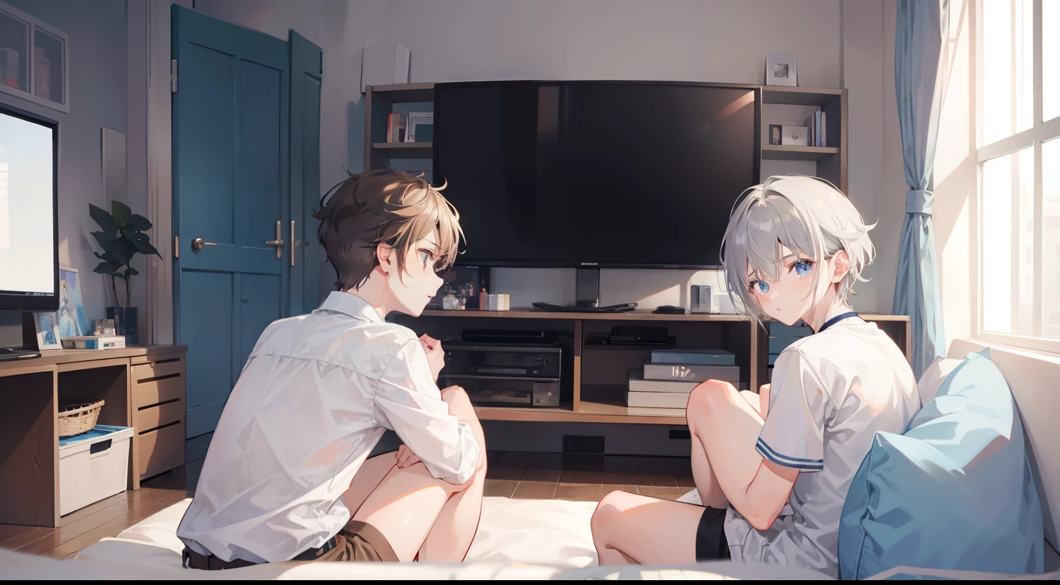 Two Boys, Silver-haired boy and brown-haired boy,Boy's room、Watching TV、Boys Love、Talking、hight resolution、ultra-detailliert