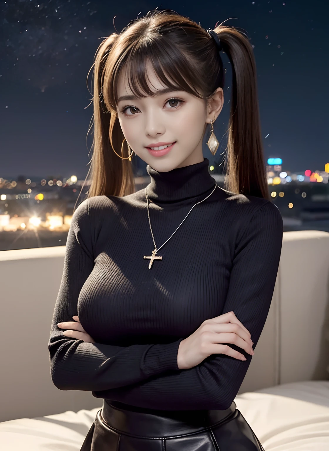 /*Quality writing*/
of the highest quality, 80 K, masutepiece, hyperdetailed face, very detailed lips, Detailed eyes, Realistic pupils,Extra-thin legs
break,
/*Characters and expressions*/
(Extremely beautiful girl:1.3), Asian Girl, 1 girl, Light on Face, 18 years old, (((Very sweet smile))), (twintails hairstyle)
BREAK
/*garments*/
(Turtleneck sweater),(The most gorgeous necklaces in the world), (The most gorgeous earrings in the world),(Black leather skirt),
BREAK
/*Pose*/
(Cross your arms under your chest), nice hand, Perfect hands, Full body,shoes,Break HA
/*Angular posture*/
(Sparkling night sky:1.2), Looking at Viewer