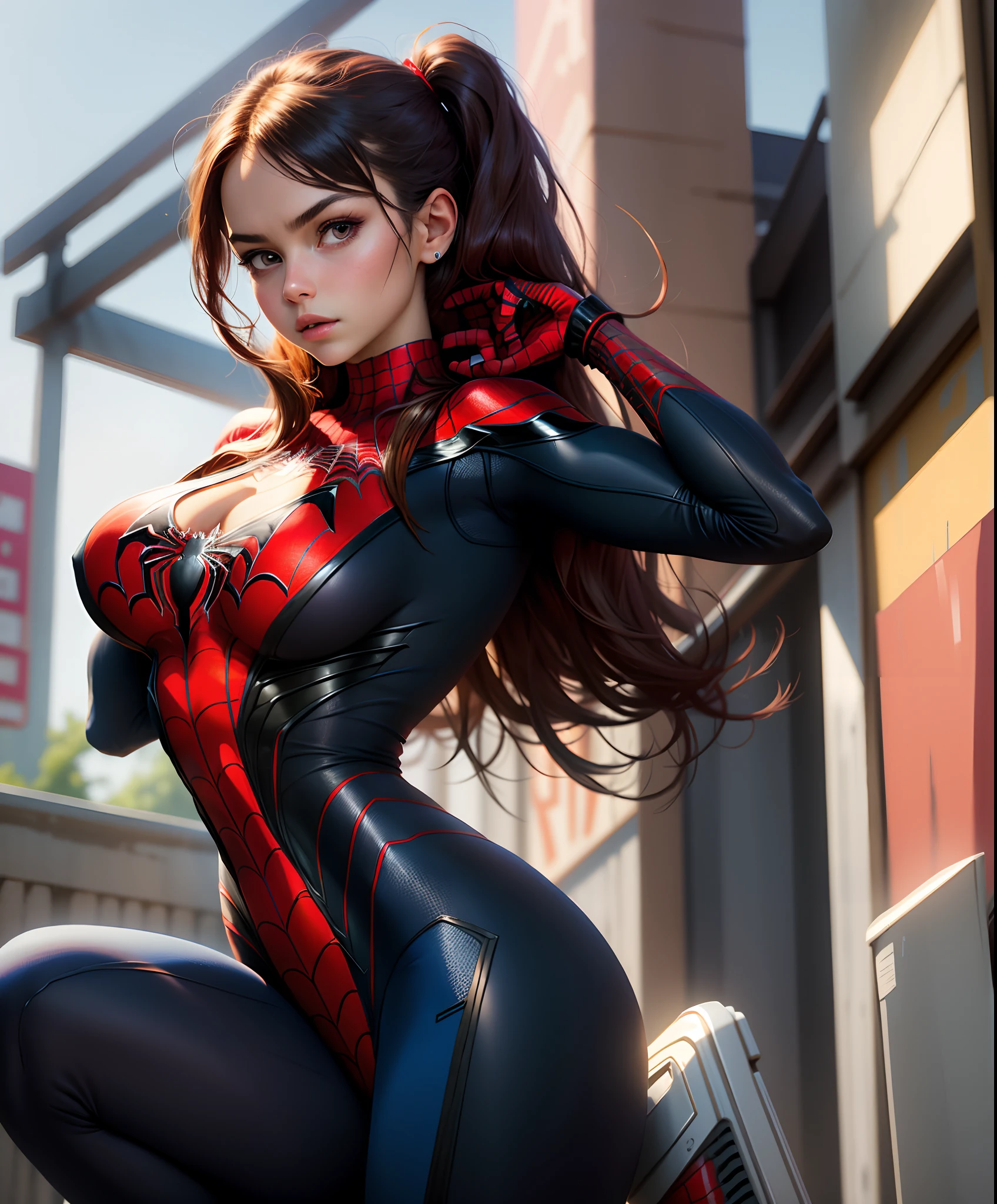 Raw foto,Beautiful woman ,detailed the outlined body with Spider-Man cosplay, very large breasts,tits big