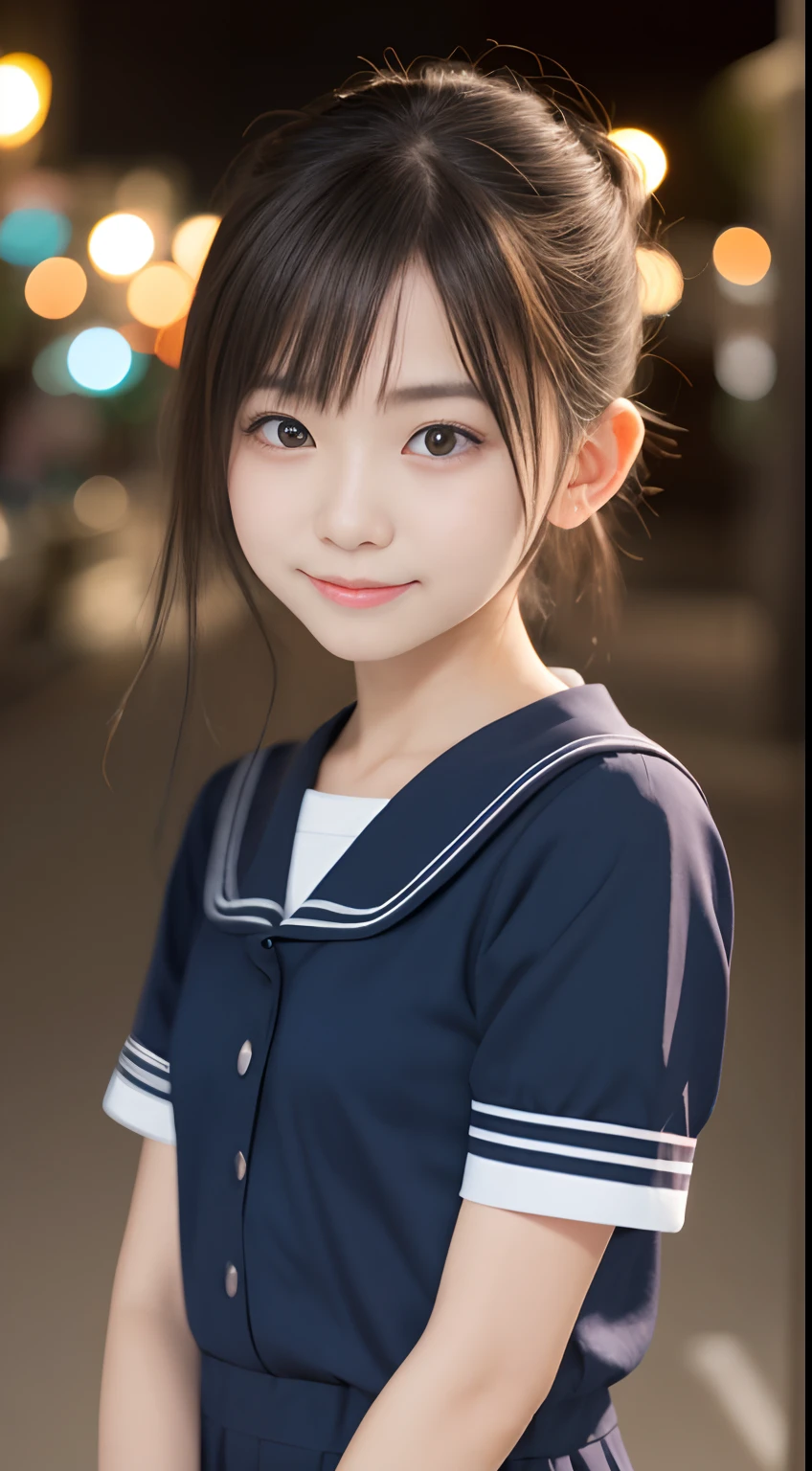 masutepiece, Best Quality, 8K, 5years old, Raw photo, absurderes, award winning portrait, Smile, Smile, Solo, Night, neons, Idol face, violaceaess, gardeniass, Delicate girl, Upper body, Digital SLR, Looking at Viewer, Candid, Sophisticated, zora々Right, Thin arms, Professional Lighting, Film grain, chromatic abberation, (Eyes and faces with detailed:1.0), (Bokeh:1.1) , closes mouth , Sailor Uniform , (pantiy:1.8)