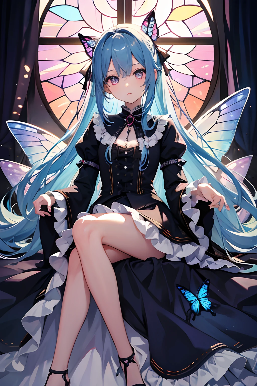 Best Quality, Clear image, Detailed background ,Butterfly winged girl、Long、Goth loli clothes、blue hairs、Pink eyes、stain glass、long  skirt、Clothes with lots of frills、sitting on