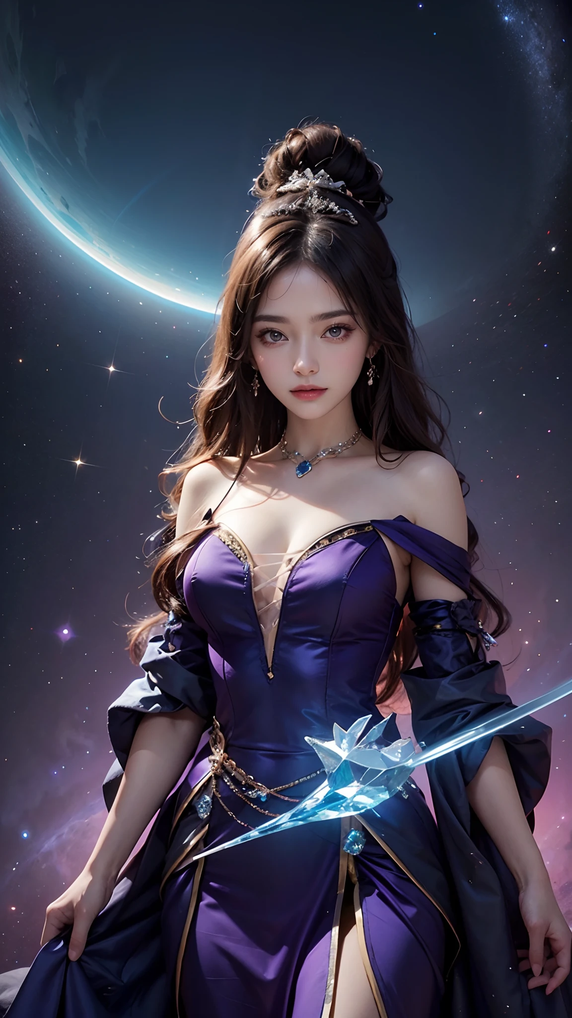 8K ultra hd, masterpiece, best quality, a beautiful girl, long hair, impressive hairstyle, crystal dress, purple dress, shining, glowing skin, purple lighting, space background, whole body capture,
