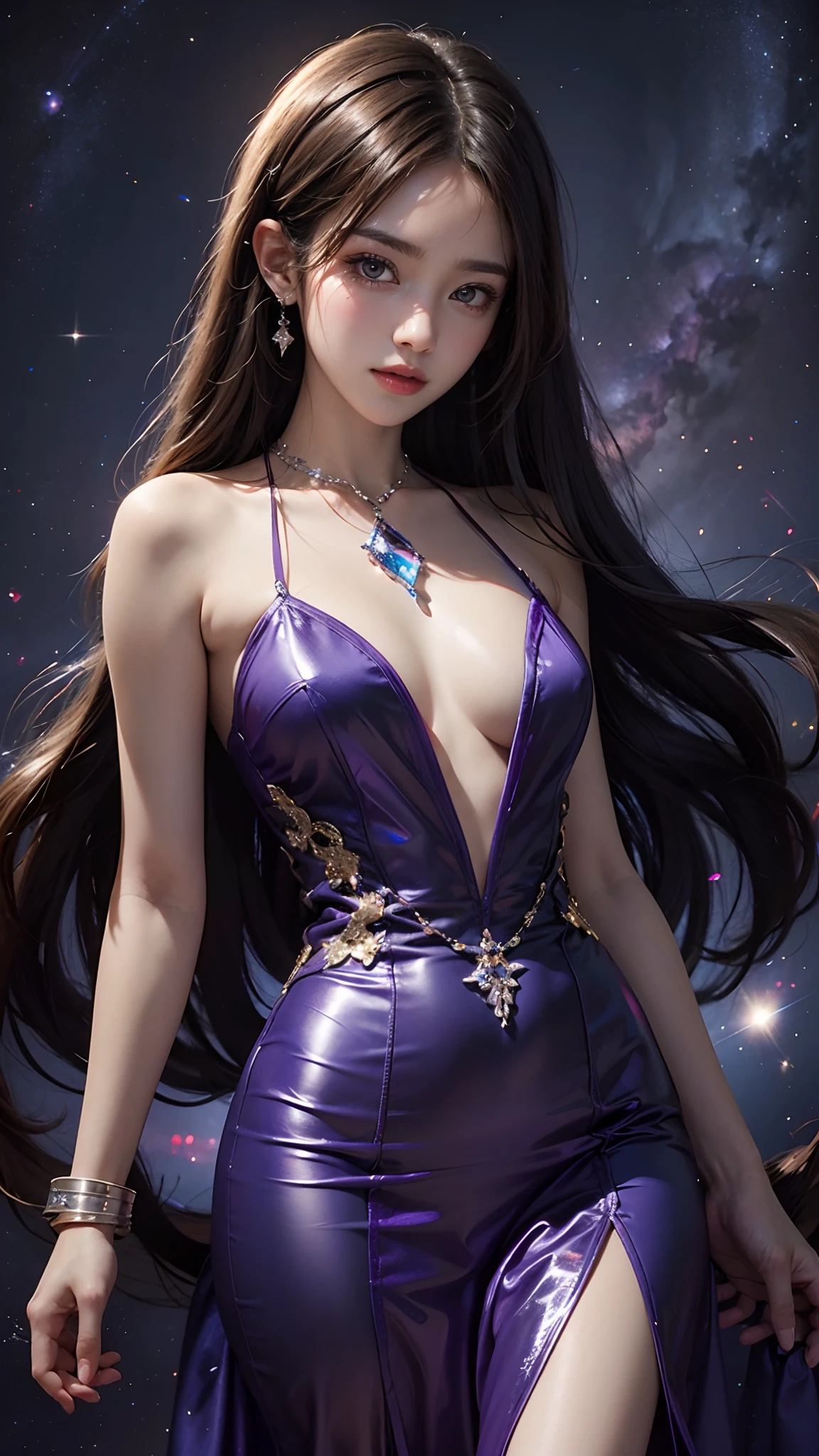 8K ultra hd, masterpiece, best quality, a beautiful girl, long hair, impressive hairstyle, crystal dress, purple dress, shining, glowing skin, purple lighting, space background, whole body capture,