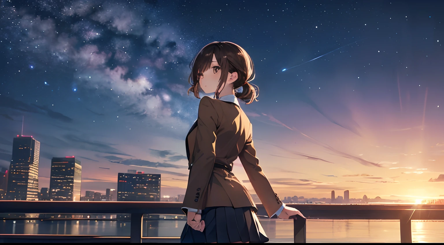 (Highest quality illustrations:1.2), (Kawaii Girl:1.1), (1girl in:1.5, 独奏:1.5),Standing girl looking at the view、The upper part of the body、a closeup、Panorama configuration、posterior view、looking distantly、 (1girl in、sixteen years old、One pose、cute little、tiny chest:1.5、ultradetailed eyes:1.2)、(small tits,flat breast)、((Brown-eyed、Brown hair:1.5))、(shorth hair)、hair wavy、curlyhair、bangss、low twintails、short twintails、No hair ornaments:1.2、thin-waist、small ass、skinny thigh、 (high-school uniform、Dark blue blazer、white shirt、Light blue ribbon、Grey checked pleated skirt 、Knee-length skirt),、Brown hair、shorth hair、hair wavy、low twintails、BREAK(top-quality、ultra-detailliert、highly detailed and beautiful、超A high resolution、Detailed arm:1.2),Way back、Overlooking the city from a hill、The glow of the night view、Superb view、Starry sky、Magnificent view、profile、gazing into distance、Looking up at the night sky