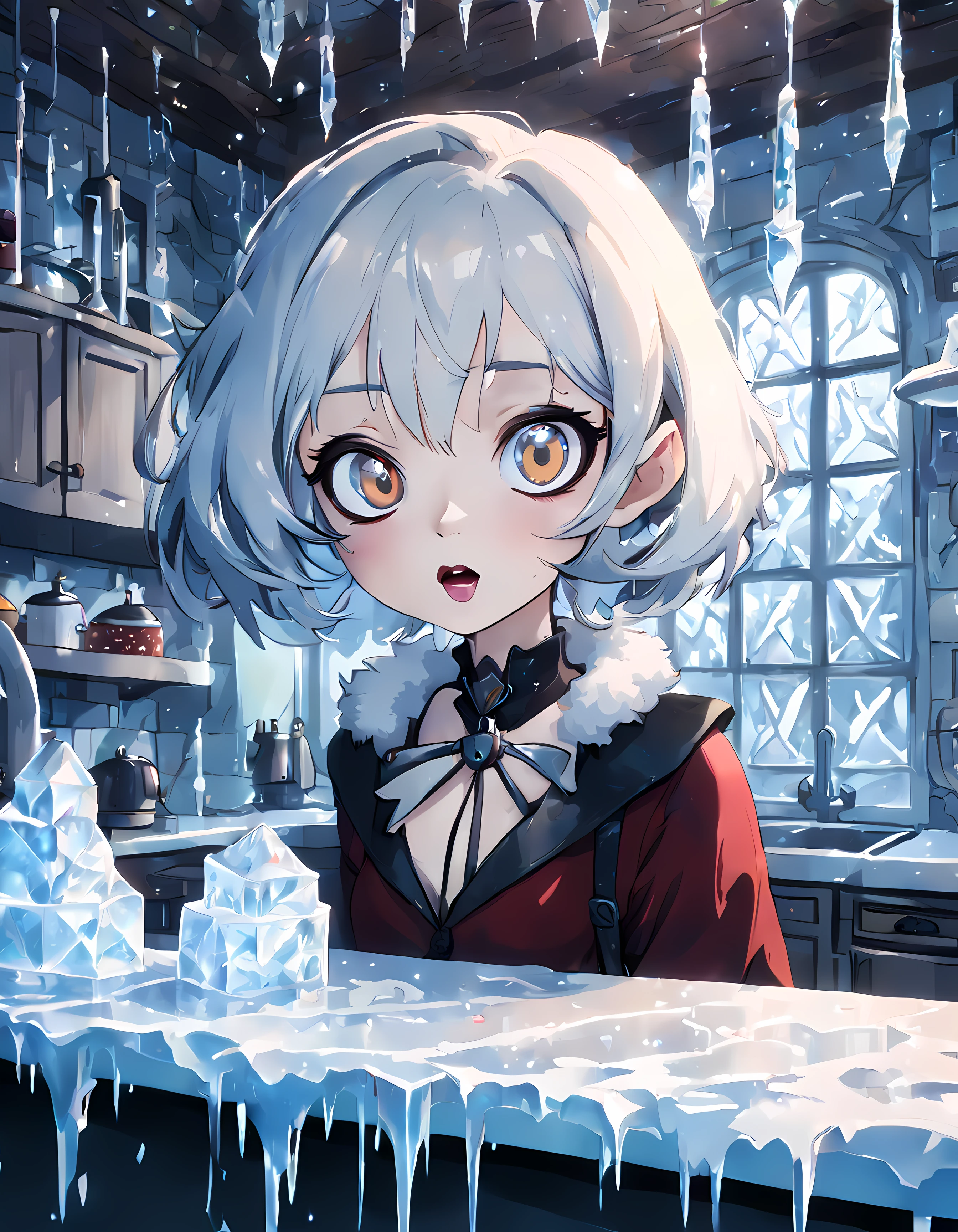 (colorful cartoon:1.3), ((frontal portrait)), ((solo)), (((pretty vampire girl behind a counter))), (((elegant clothes))), (((vivid big eyes))), (((delicious food))), (((rustic icicles))), breathtaking, 4k, ultra high quality, shiny, romantic, (((shiny ethereal sparkles))), ((frosty futuristic kitchen)), ((((rime ice on the counter))), (((looking at the viewer)))
