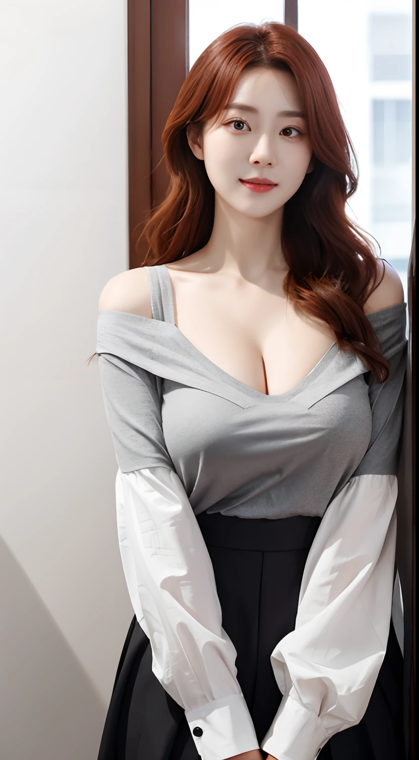 (8K,RAW photos,HighestQuali),(Epic reality:1.5),one-girl,dynamicposes,Erotic face,The shirt,(detailedeyes:0.8),(looking at the camera in:1.4),(HighestQuali),(Best shadow),Complicated details,cinematic ligh,((The skin:1.4)),inside in room,(Long flowing ginger hair:1.3),yuyao,best qualtiy,超高分辨率,(Realism:1.4),1girll,Off-the-shoulder white shirt,Black tight skirt,Black collar,(Faded gray hair:1),(gigantic cleavage breasts:1.2),looking at viewert,closeup cleavage,