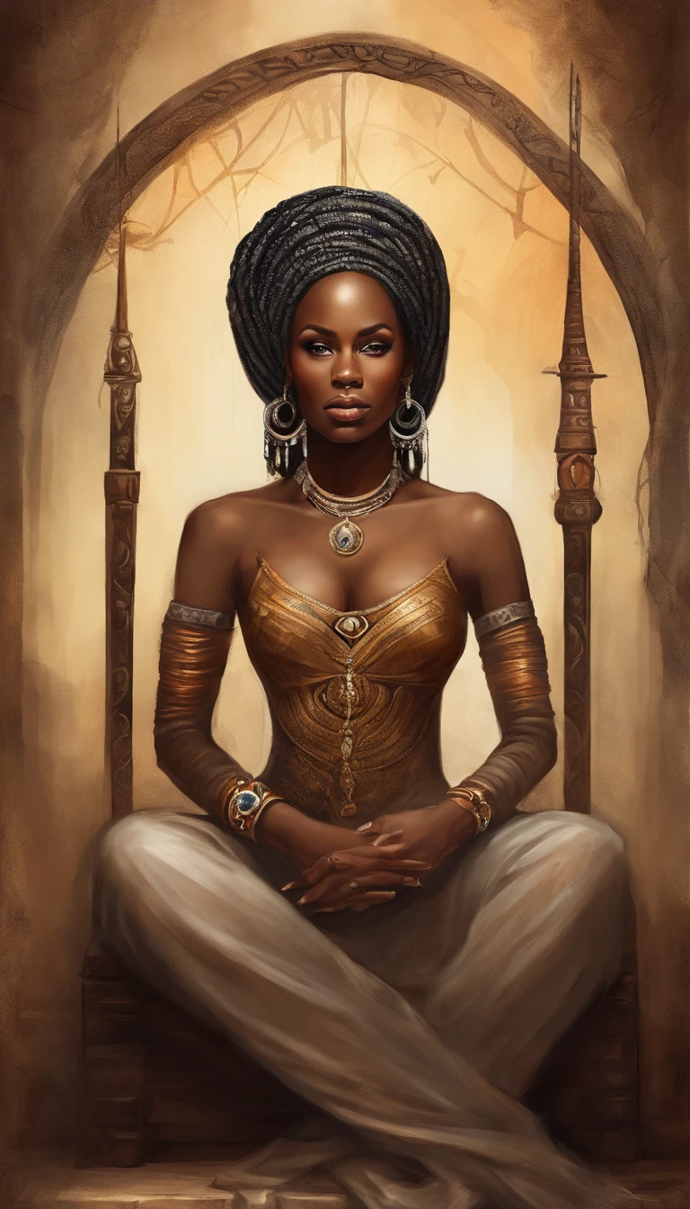A black woman with short, curly black hair and a full mouth with a crown on the earth and a spear in her right hand