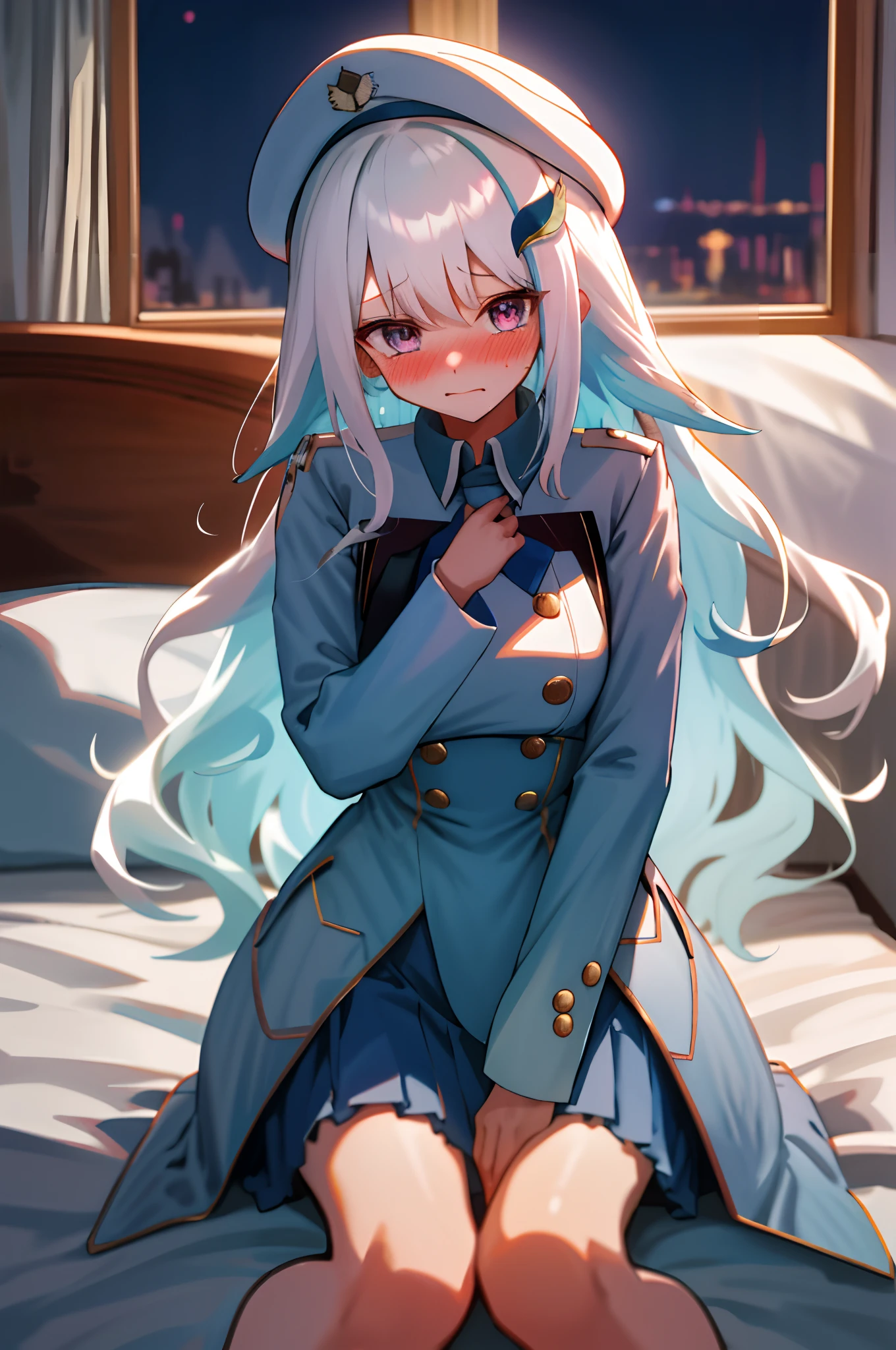 One girl with long wavy hair, white hair, looking at viewer, embarrassed, blushing, tears, indoor , uniform and a hat, peaked hat, captain's uniform, perfect waist, bed, sit on, spread legs, night atmosphere, hair ornament, kneeling pose