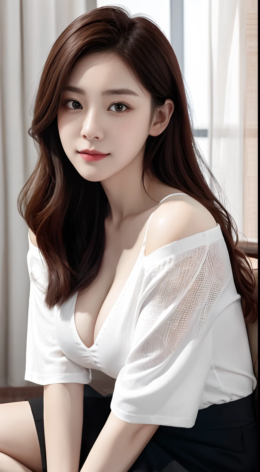 （8K，RAW photos，HighestQuali），（Epic reality：1.5），one-girl，dynamicposes，Erotic face，The shirt，（detailedeyes：0.8），（looking at the camera in：1.4），（HighestQuali），（Best shadow），Complicated details，cinematic ligh，（（The skin：1.4）），inside in room，（Long flowing ginger hair：1.3），yuyao，best qualtiy，超高分辨率，（Realism：1.4），1girll，Off-the-shoulder white shirt，Black tight skirt，Black collar，（Faded gray hair：1），（gigantic cleavage breasts：1.2），looking at viewert，closeup cleavage，