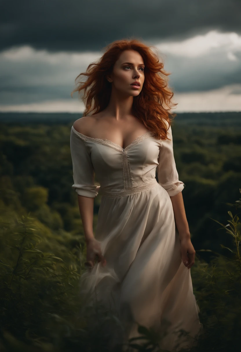 Woman With Disheveled Red Hair Very Sexy Young, Very cute girl with lovely big eyes and beautiful plump lips , a bit like Scarlett Johansson, Juicy figure, big breastes, wide thighs, , Nature, sky and ground, strong wind, Dress Woman with curvy curves, with her hair blowing in the wind, line cloud,Shooting light clouds, In a lush and secluded jungle with jungle fauna and flora, award-winning photo, BLN-L24, exhibition,High contrast,Low saturation,High Saturation 8k 3D, F 2.8 lentils, bird view, The lighting is cinematic