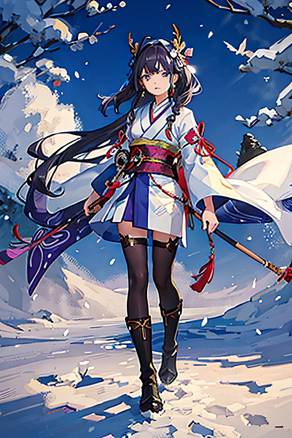 (Masterpiece, Highest quality)), Detailed face, anime character, short Ainu girl with a small frame, dark hair which reaches the middle of her back, blue eyes with tints of green, wears a white Ainu robe made from bark called attus, complete with traditional swirling motif at the edges of the cloth over a purple band, Underneath she wears a purple kimono, wears dark leggings and deerskin boots called yukker, purple embroidered headband with swirling motif called matanpushi, matching tekunpe hand coverings, and two ninkari earrings, wearing a rekutunpe necklace, carries longbow and quiver, several knives, high Balance, Natural light, snow forest decoration