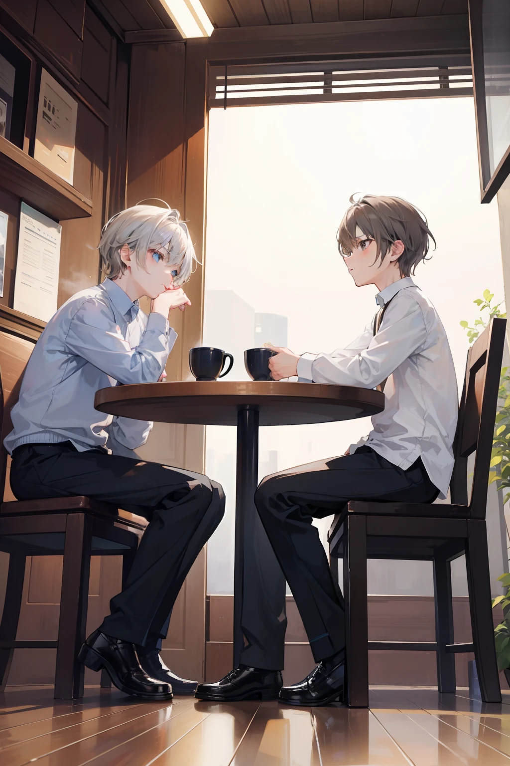 Two Boys, Silver-haired boy and brown-haired boy,cafes、sitting on、Boys Love、Talking、hight resolution、ultra-detailliert