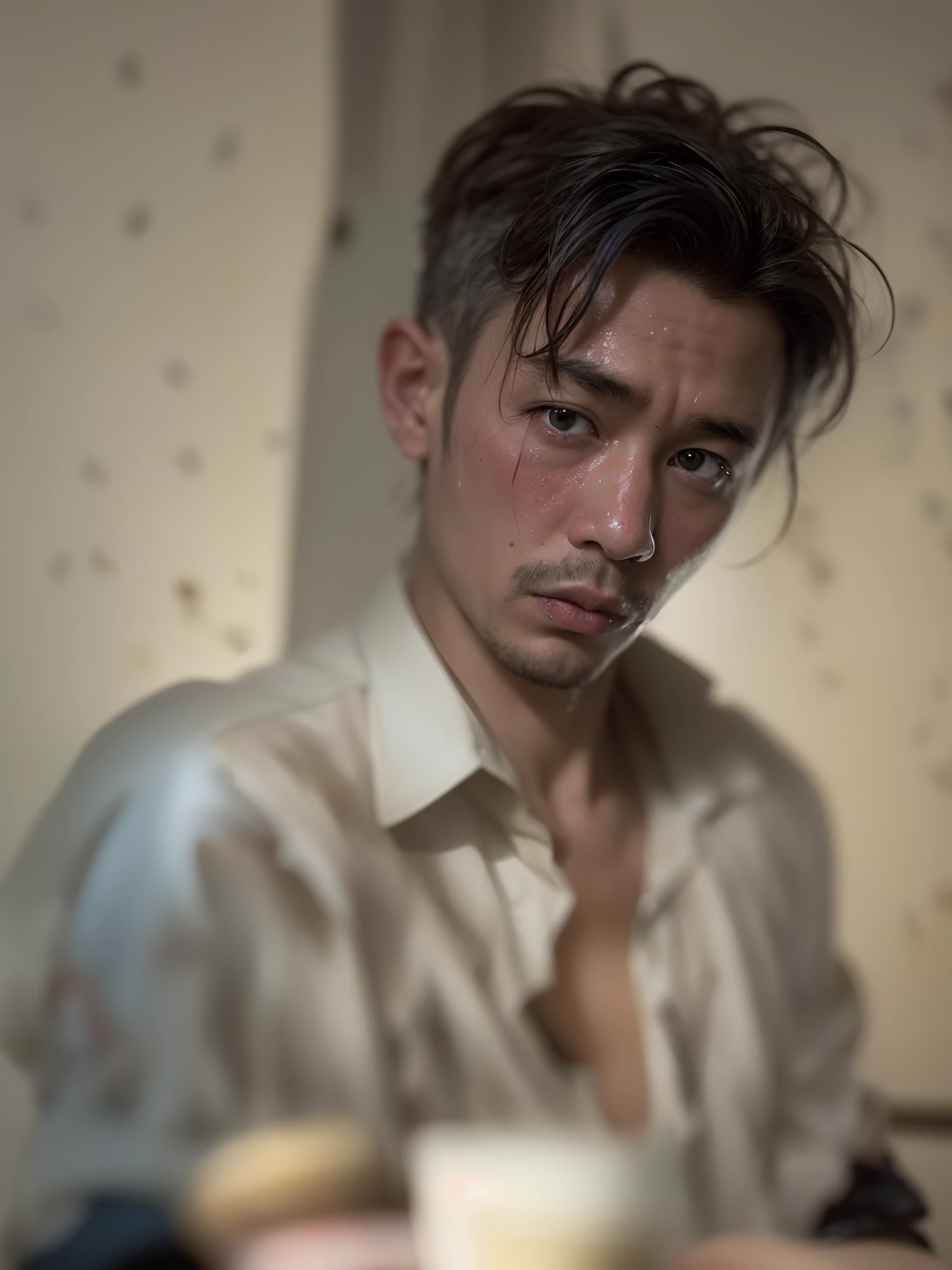 solo, stand in the kitchen, a malay man, milk falls on the chest area of the shirt, sad face, head tilt, eye close, very wet shirt with milk, torn shirt, (delicate illustration:1.4), (renaissance art:1.4), (masterpiece:1.0), (best quality:1.4), (ultra highres:1.2), (photorealistic:1.4), (8k, RAW photo:1.2), (soft focus:1.4), (20yo:1.3), (sharp focus:1.4), detailed handsome face, cinematic lighting, Super 8mm, Low angle shot, muted color grading, depth of field, film noir,