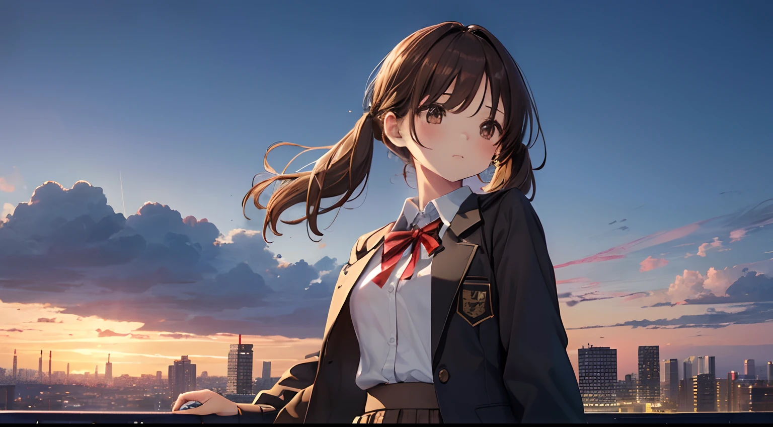 (Highest quality illustrations:1.2), (Kawaii Girl:1.1), (1girl in:1.5, 独奏:1.5),Standing girl looking at the view、Panorama configuration、posterior view、looking distantly、 (1girl in、sixteen years old、One pose、cute little、tiny chest:1.5、ultradetailed eyes:1.2)、(small tits,flat breast)、((Brown-eyed、Brown hair:1.5))、(shorth hair)、hair wavy、curlyhair、bangss、low twintails、short twintails、No hair ornaments:1.2、thin-waist、small ass、skinny thigh、 (high-school uniform、Dark blue blazer、((white shirt))、Light blue ribbon、Grey checked pleated skirt 、Knee-length skirt),、Brown hair、shorth hair、hair wavy、low twintails、BREAK(top-quality、ultra-detailliert、highly detailed and beautiful、超A high resolution、Detailed arm:1.2),Way back、Overlooking the city from a hill、Evening glow、Superb view、Magnificent view、profile、gazing into distance