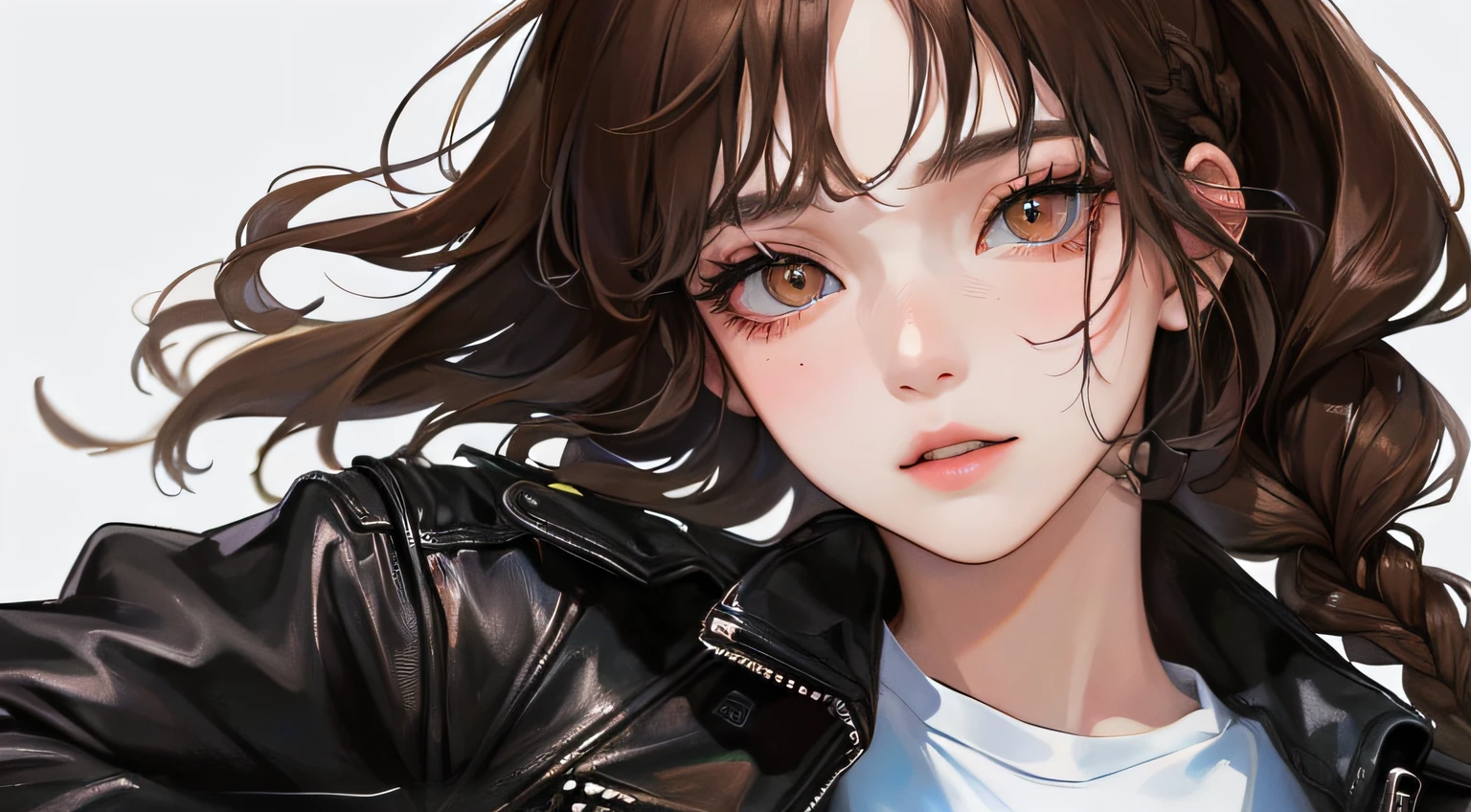 (((1人の女性)))、(Top resolution、Distinct_image) best qualtiy、(((leather jackets)))、contrasts of light and shadow、simple background、Cool、((illuminating))、ighly detailed、Semi-realistic、Brown hair、((makeups)),heavy-metal、Braided hairstyle、deadpan、bangss、20yr old、年轻、((White shirt))、delicated facial features、Facial features、mid-shot、