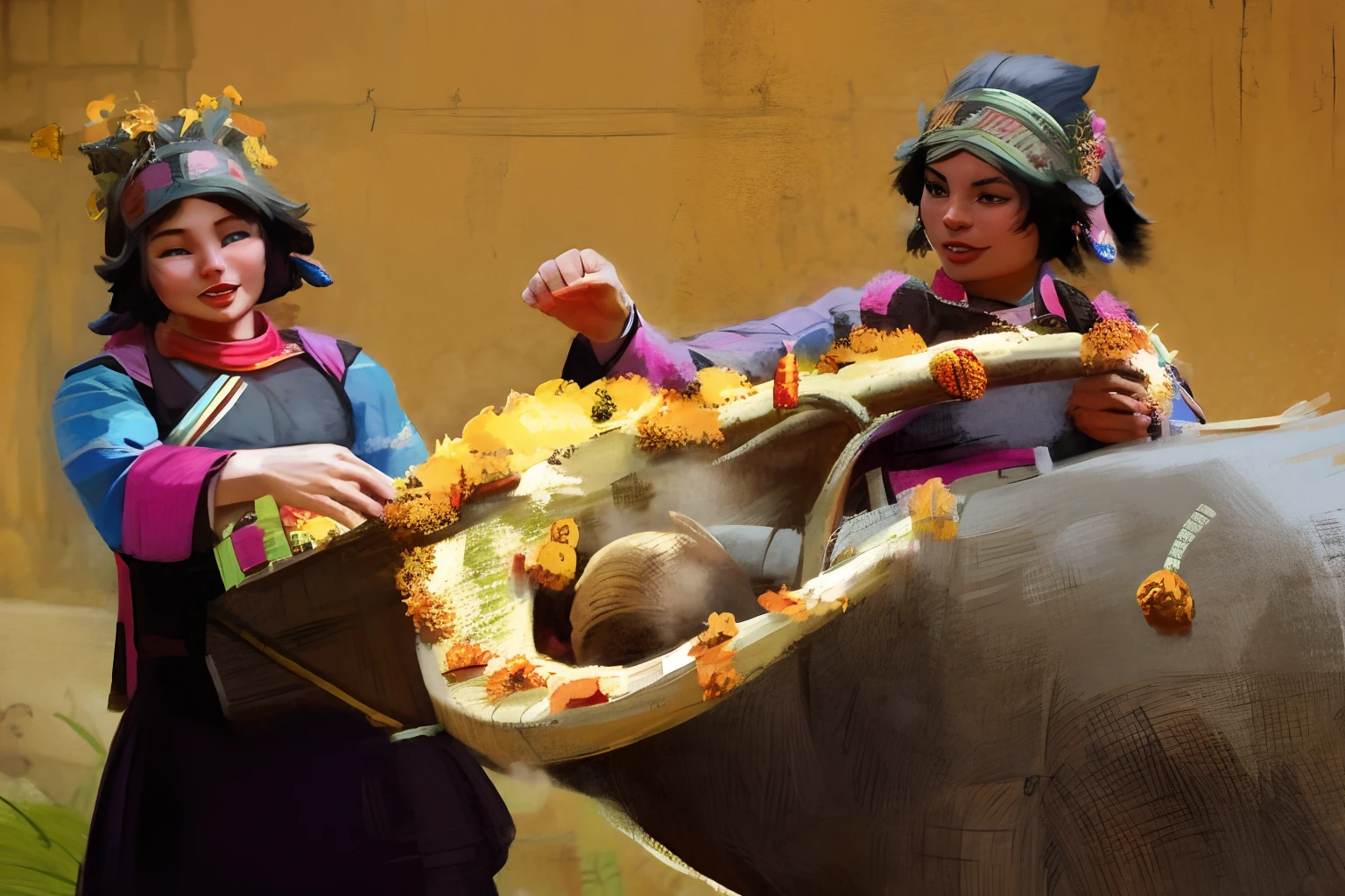 The middle body is a cow,Two Zhuang women,cartoony