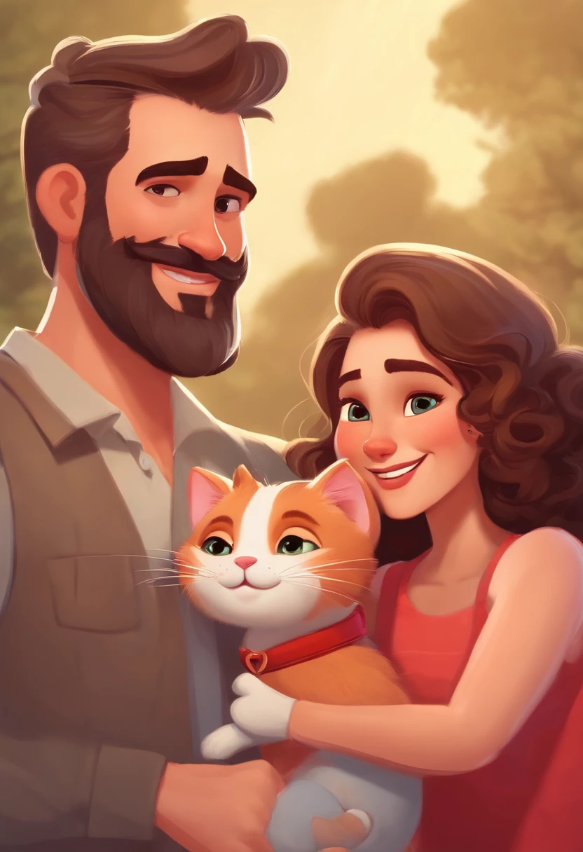 Pixar-style image, selfie of a family with a daughter, the wife on the left with her hair tied back, she is brunette, smiling, and wearing a gray blouse. In the middle is the father, slightly bald, white, with a beard, wearing a red tank top and having a tattoo on his arm. The daughter resembles her father, she is white, has curly hair, is wearing a school uniform, and has a cat ear headband.