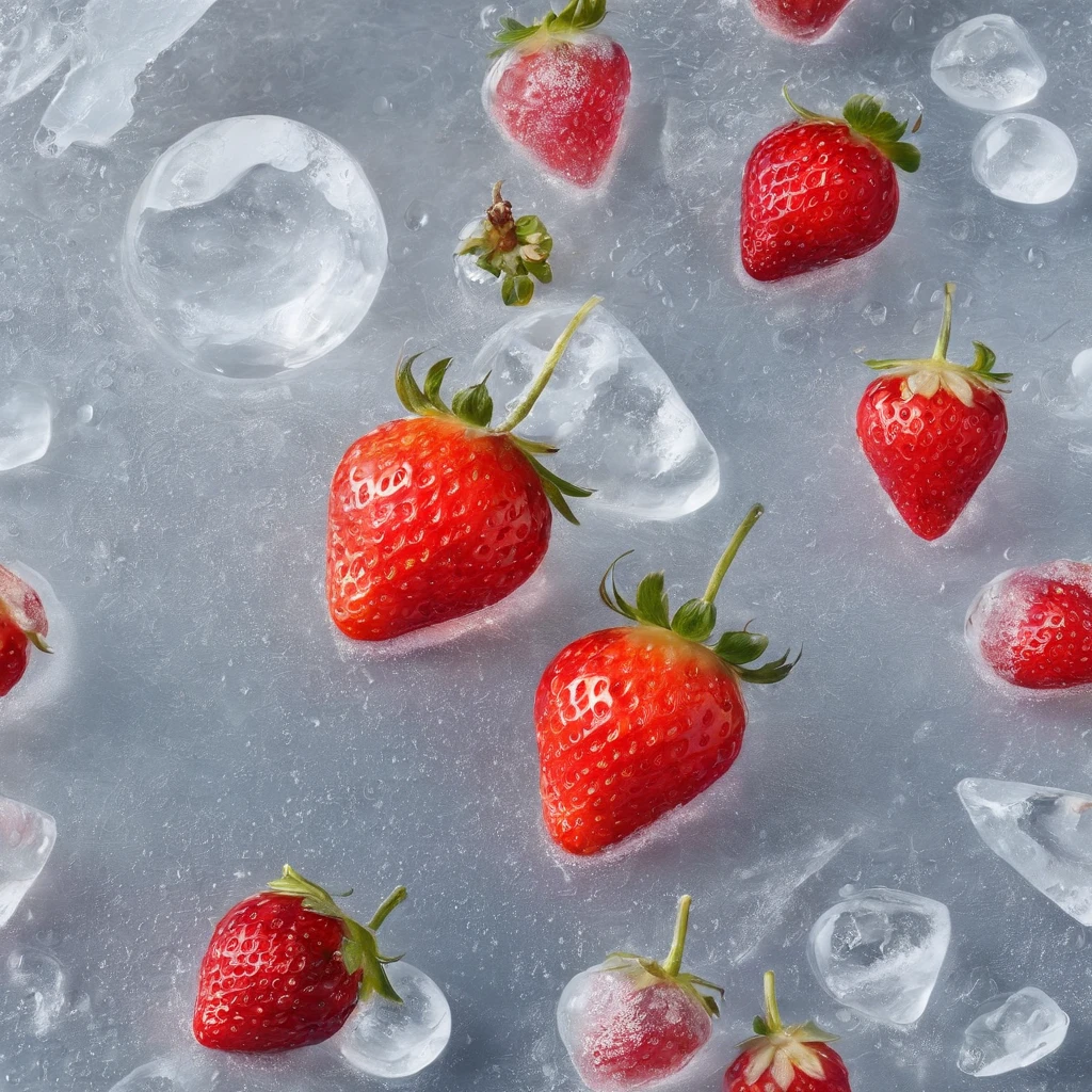 (close-up),(photorealistic),(strawberry),(covered in),(rime ice),(detailed texture),(shiny red surface),(frozen),(crystal-like appearance),(glistening),(delicate frost),(frosty),(translucent),(high-resolution),(ultra-detailed),(fine details),(realistic),(vivid colors),(macro-photography),(extreme close-up),(sparkling),(beautiful),(frozen fruit),(delightful),(colorful),(icy),(winter scene),(crisp),(frozen droplets),(frozen water),(frost formation),(captivating),(mouthwatering),(rich texture),(magnified),(frosty atmosphere),(luminous),(freshness),(appealing).