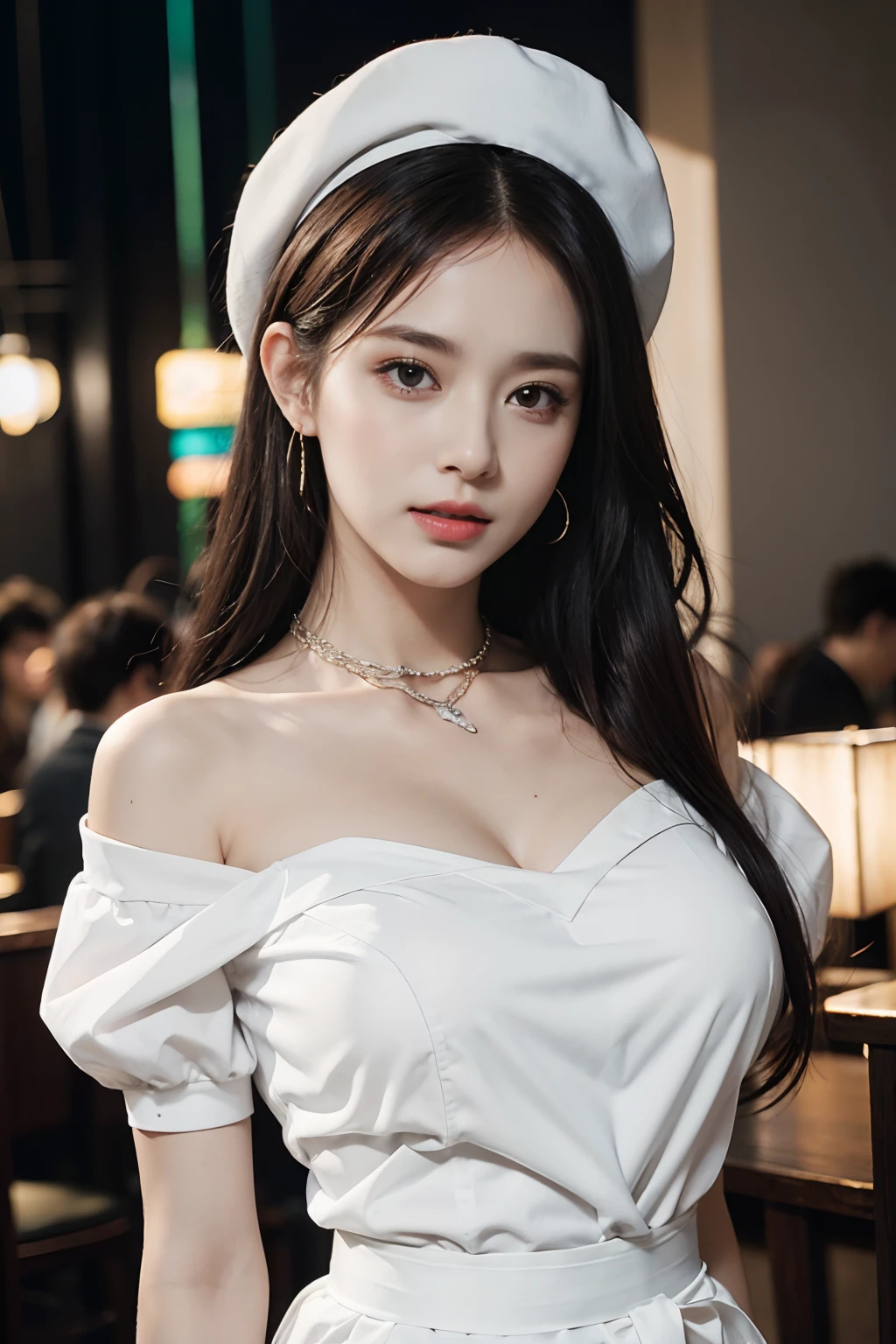 Gorgeous girl（（tmasterpiece）），（（hight resolution）），（（best qualtiy）），A detailed，（NSFW，weeping），（（Hands are tied，Cuffed，Tie your wrists，Arms up，Pegging，mannequin，BDSM，Teary-eyed，brown haired，collars，）），G string，toppless，torn laundry，Large breasts，collars，chain，embarrassed from，dreds，breasts focus，angle of view，cinmatic lighting，perfectly shaded，（（nightclubs，karaoke））），realistic lighting shaded，Crowd of，Lots of people，fanaticism，Hot Dance，Orgy，Crowd 1 Girls，（Green_Eyes：1.2//），Lots of people， White nurse's uniform，White nurse hat，low chest，Deep V Big，  rosette，red rip，hair_flower，Colossal tits，Bigchest，crisp breasts，ssmile
