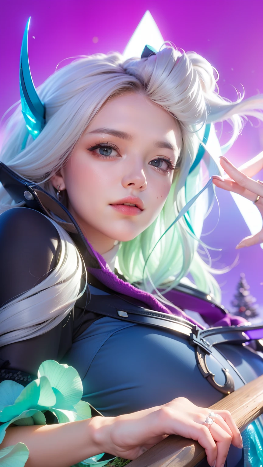 best quality,4k,8k,highres,masterpiece:1.2,ultra-detailed,photorealistic:1.37,landscape,portraits,professional,sharp focus,vivid colors,HDR,physically-based rendering,bokeh,studio lighting,extreme detail description,realistic digital painting,Northern Lights,snow-capped mountains,crystal clear lake,swaying pine trees,serene atmosphere,majestic beauty,sunlight pouring through clouds,subtle color transitions,delicate brushstrokes,dramatic depth of field,peaceful solitude,harmonious color palette,ethereal glow,meticulous attention to detail,audience captivated,breathtaking scenery,impeccable level of realism,awe-inspiring landscape,serenity depicted in every stroke,(large D breast and exsposed cleavage: 1.6),naughty smile,red lips,bright yellow eyes,