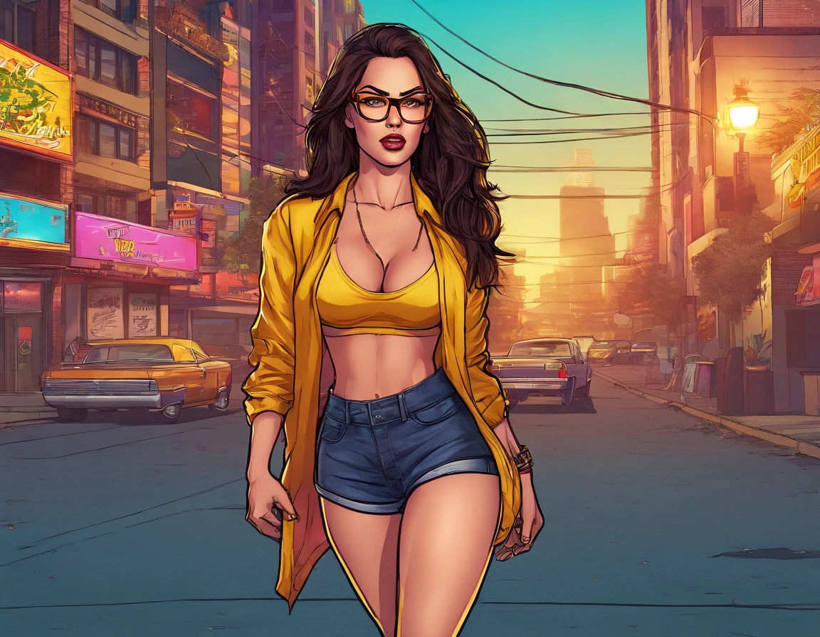 Digital illustration of Megan fox,best quality, masterpiece, cinematic lighting, intricate, cinematic detailed realistic background, detailed face, full body, huge breasts, realistic, ligne claire, , , 1girl jogging, cityscape, night, tied shirt, looking at viewer, tattoo, model pose, open cardigan, ringed yellow eyes, streetlight, lamppost, yoga pants, split-color hair, glasses,, ,