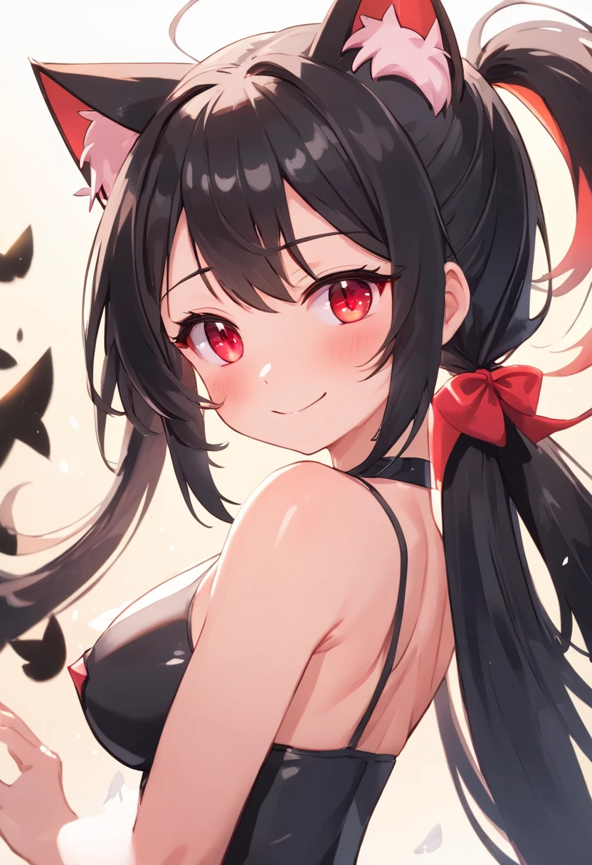 A cute girl with twintail hair brings her face close and smiles exposing nipples