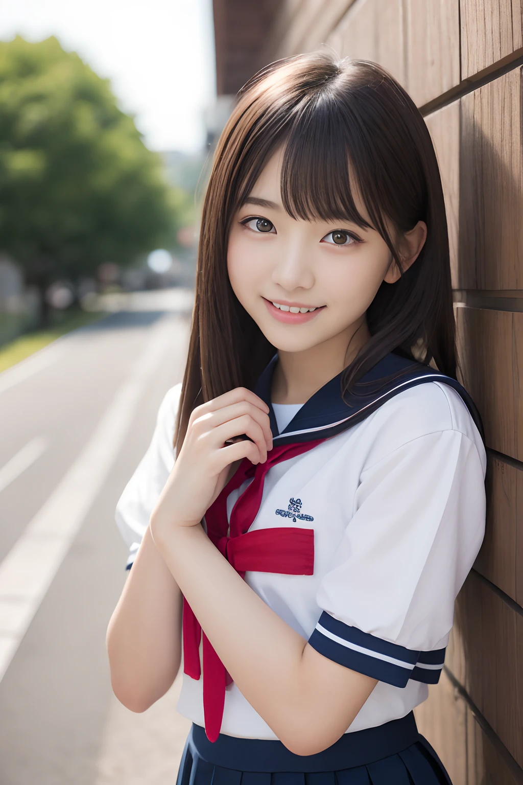 masutepiece, Best Quality, 8K, , Teen, Raw ph absurderes, award winning portrait, Smile, Solo, Night, neons, Idol face, violaceaess, gardeniass, Delicate girl, Upper body, Digital SLR, Looking at Viewer, Candid, Sophisticated, Thin arms, Professional Lighting, Film grain, chromatic abberation, (Eyes and faces with detailed:1.0), (Bokeh:1.1) , sailor uniform , closes mouth , short hair , long hair , huge breast
